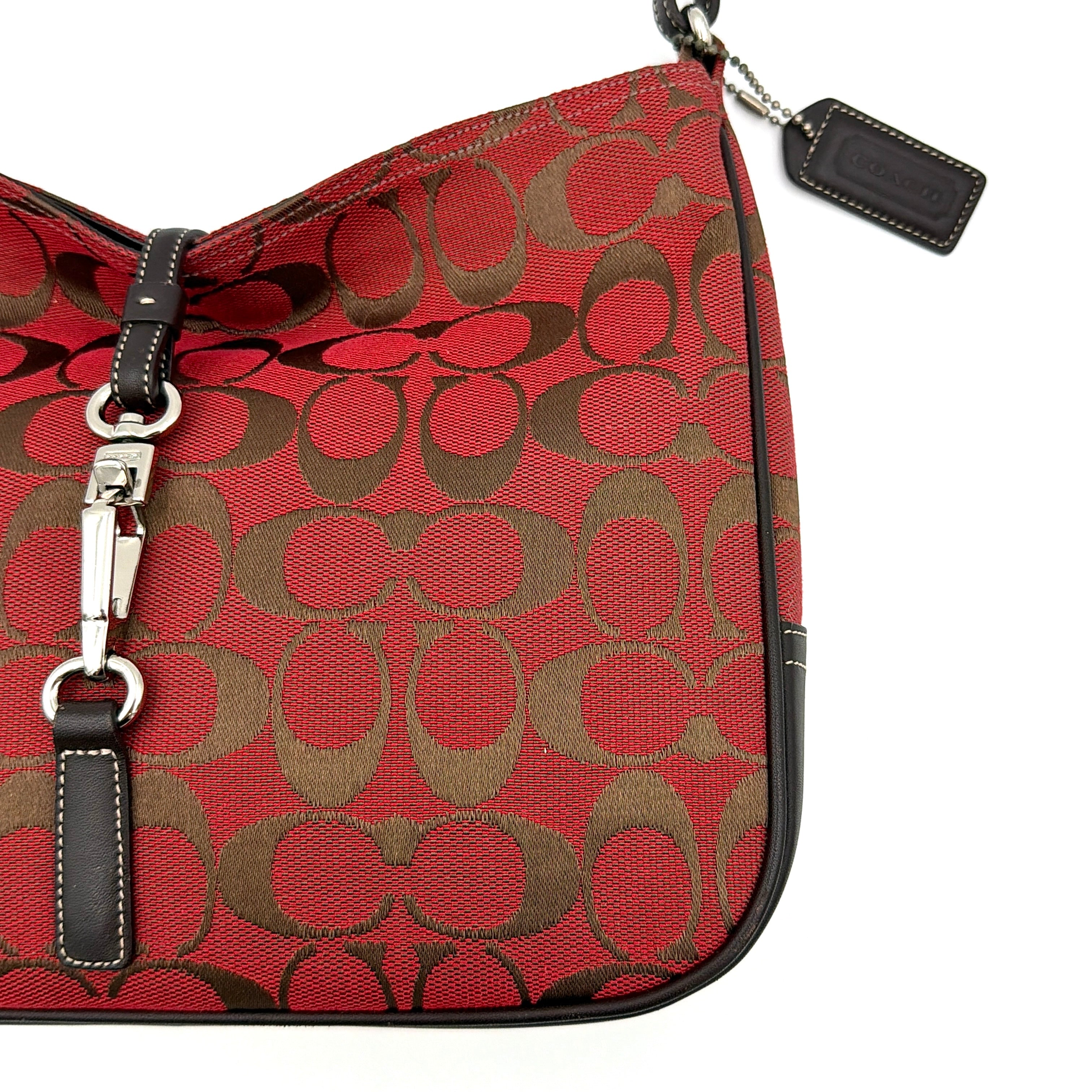 Coach Hobo Signature Clip Canvas Handbag Red/Brown
