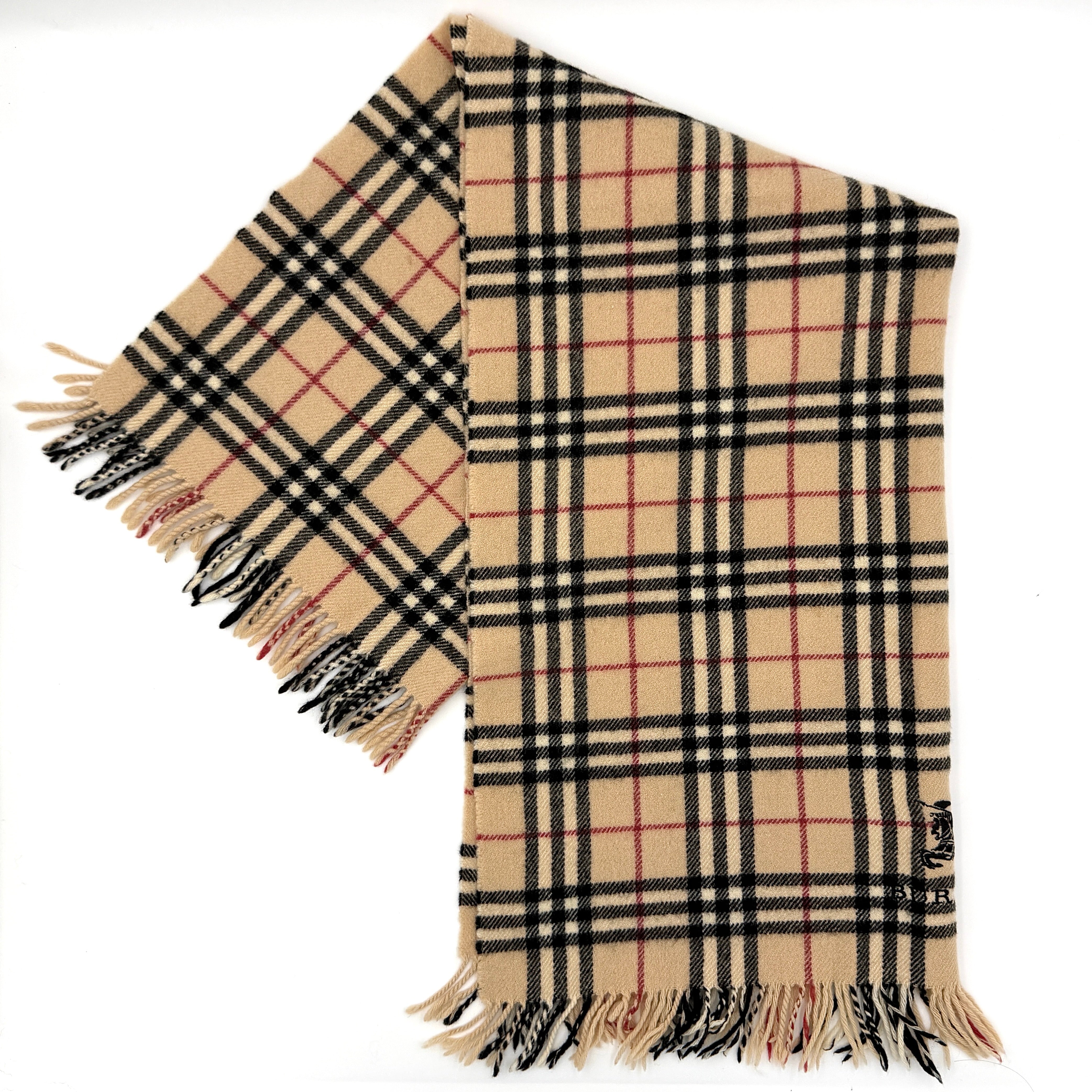 Burberry Nova Check wool scarf with fringed edges and embroidered logo in a beige, black, and red tartan pattern.