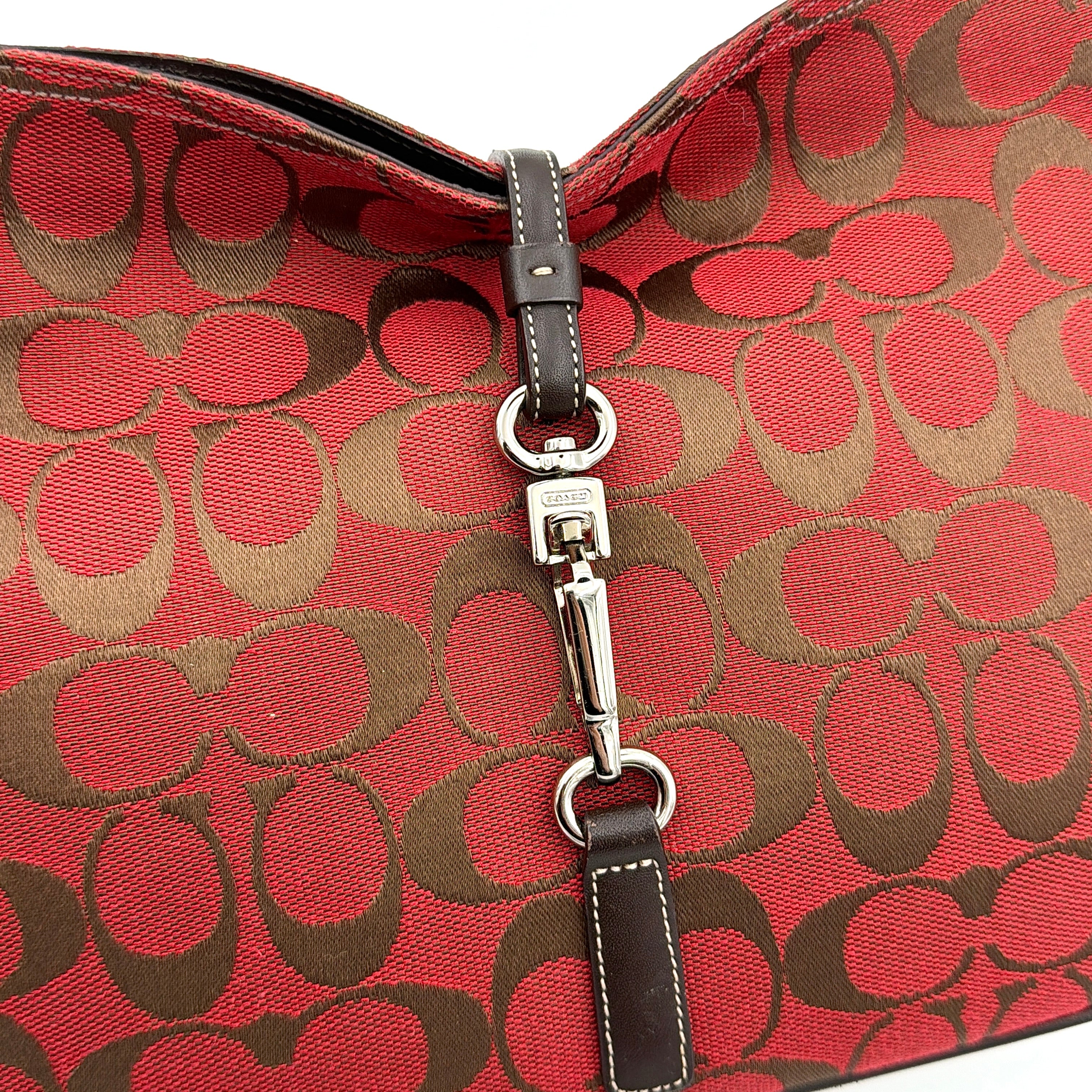 Coach Hobo Signature Clip Canvas Handbag Red/Brown