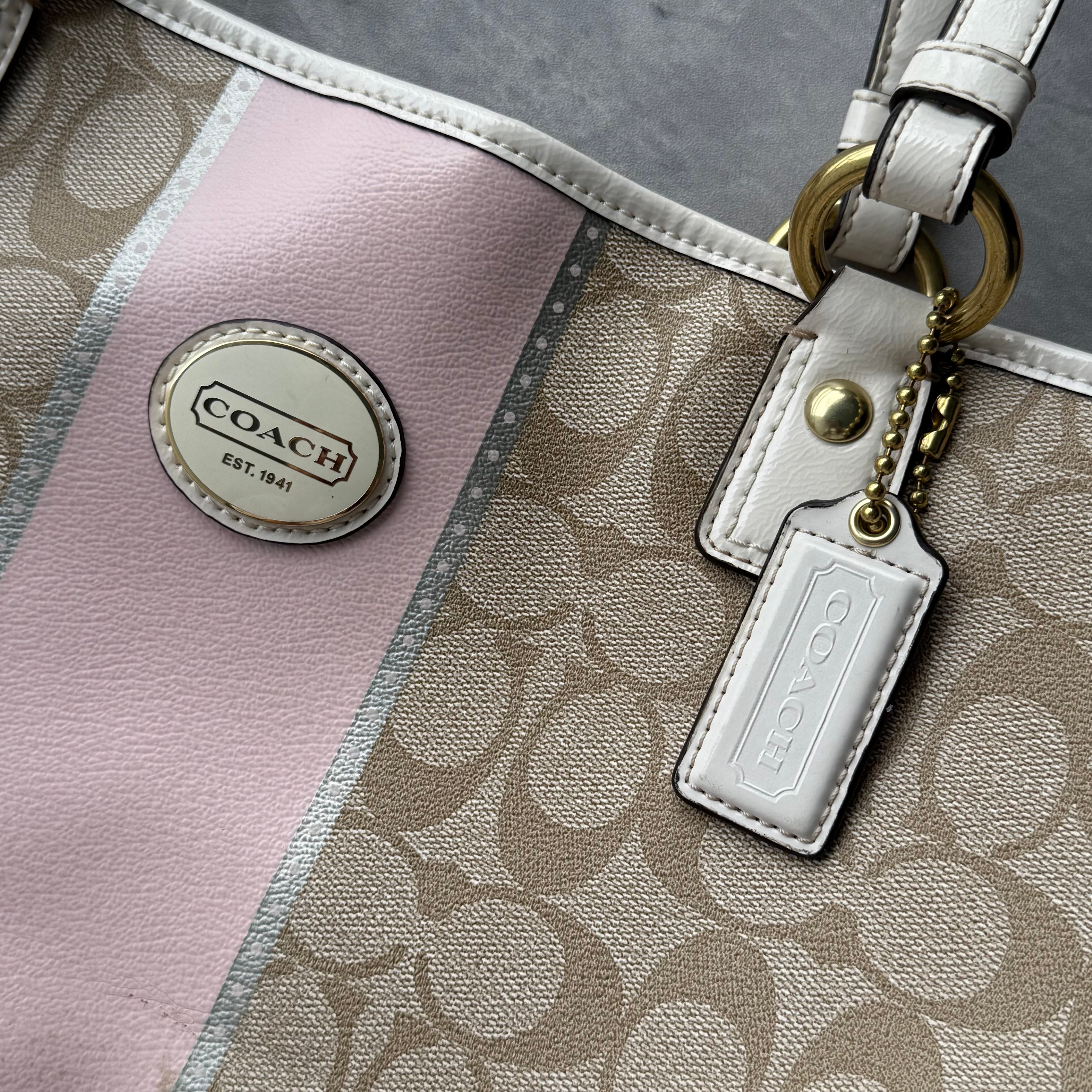 Coach Signature Heritage Stripe Tote Bag Pink/Beige