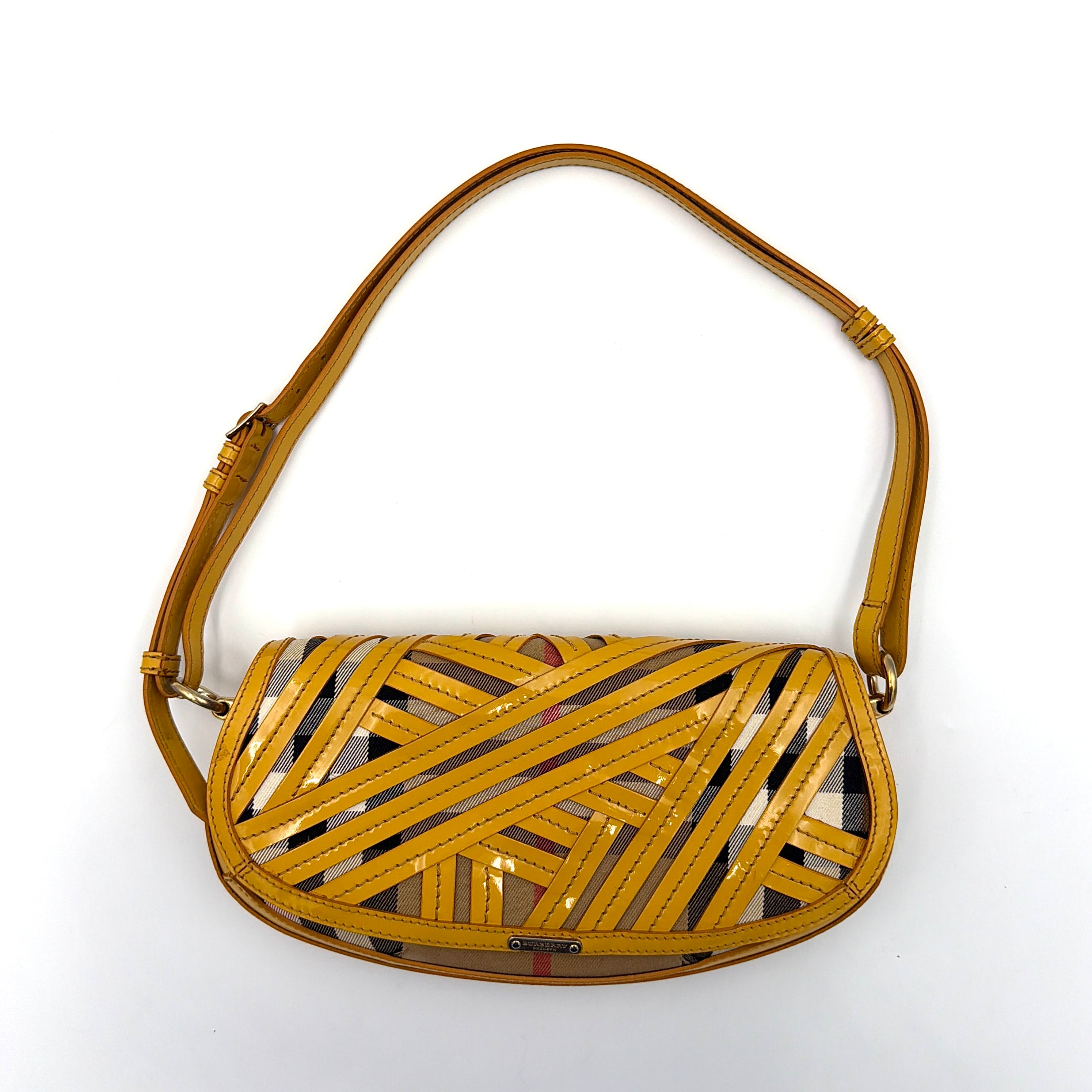 Burberry Prorsum Nova Check Shoulder Bag in yellow patent leather patchwork over classic check canvas, styled with a shoulder strap and silver hardware.