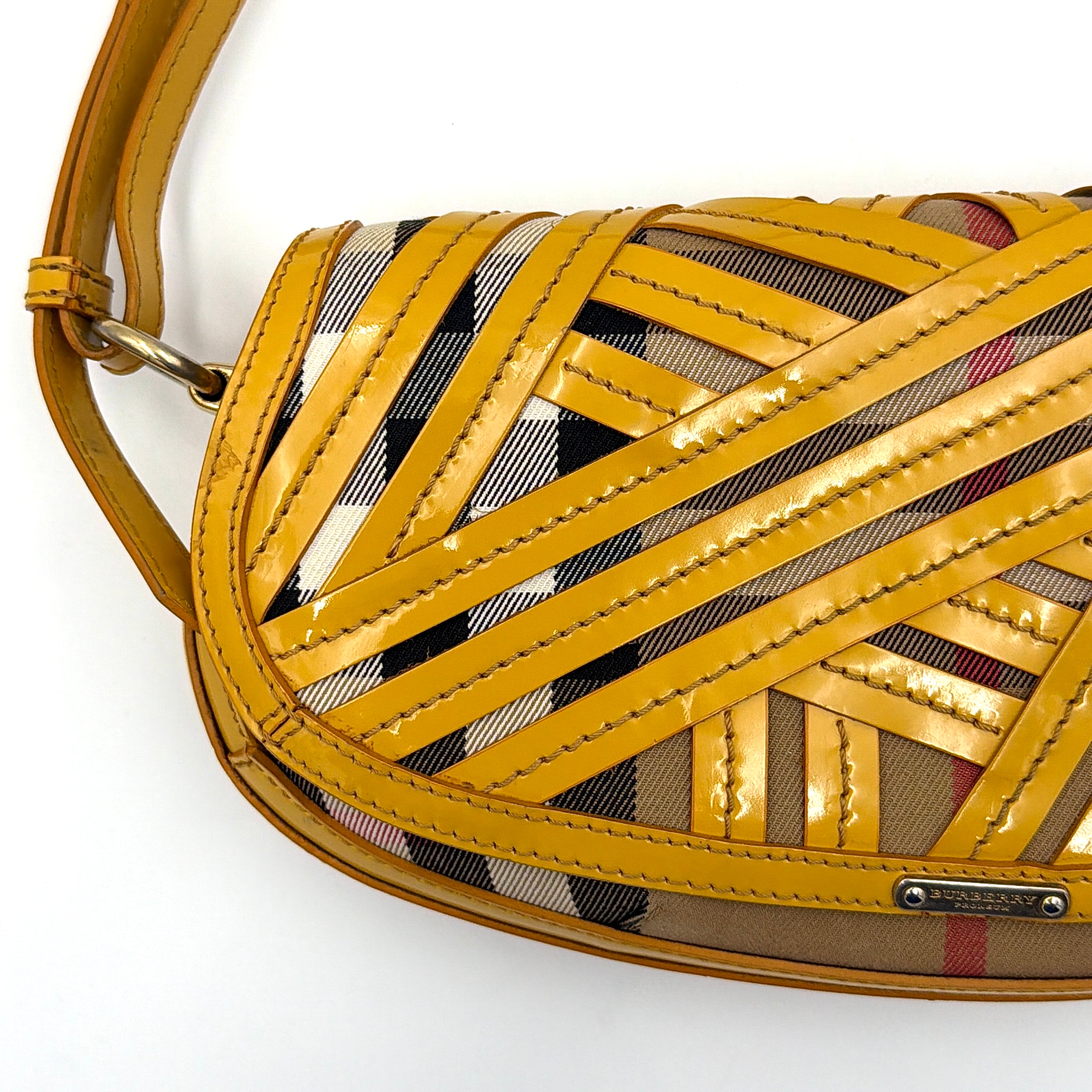Burberry Prorsum Nova Check Shoulder Bag in yellow patent leather patchwork over classic check canvas, styled with a shoulder strap and silver hardware.
