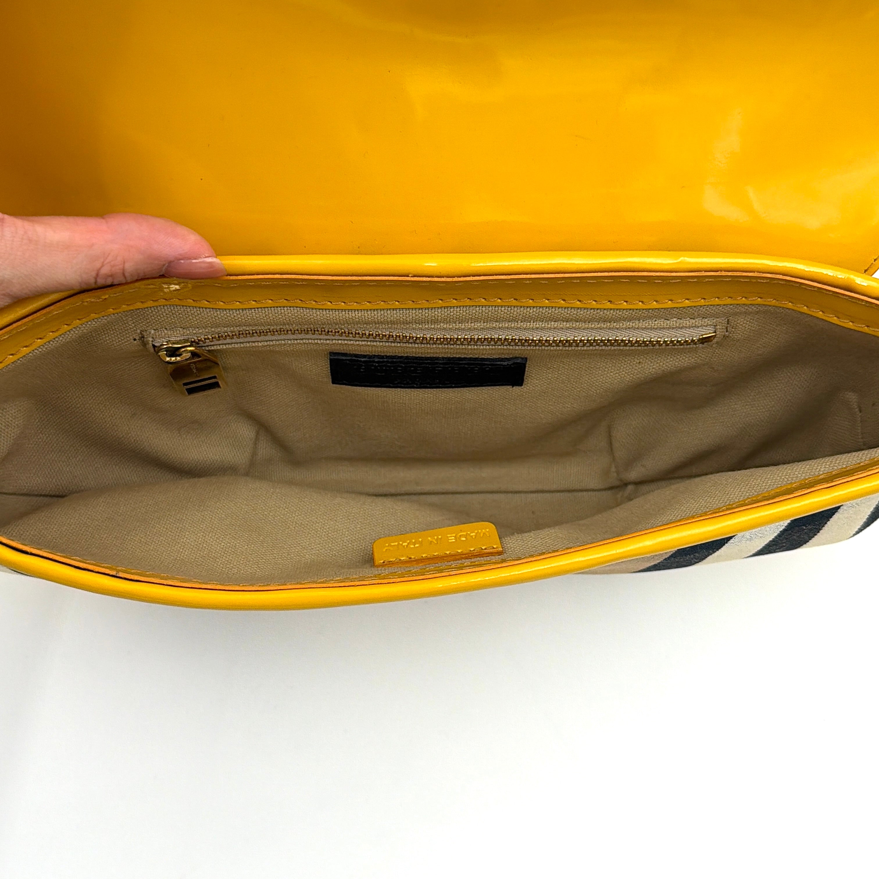 Burberry Prorsum Nova Check Shoulder Bag in yellow patent leather patchwork over classic check canvas, styled with a shoulder strap and silver hardware.