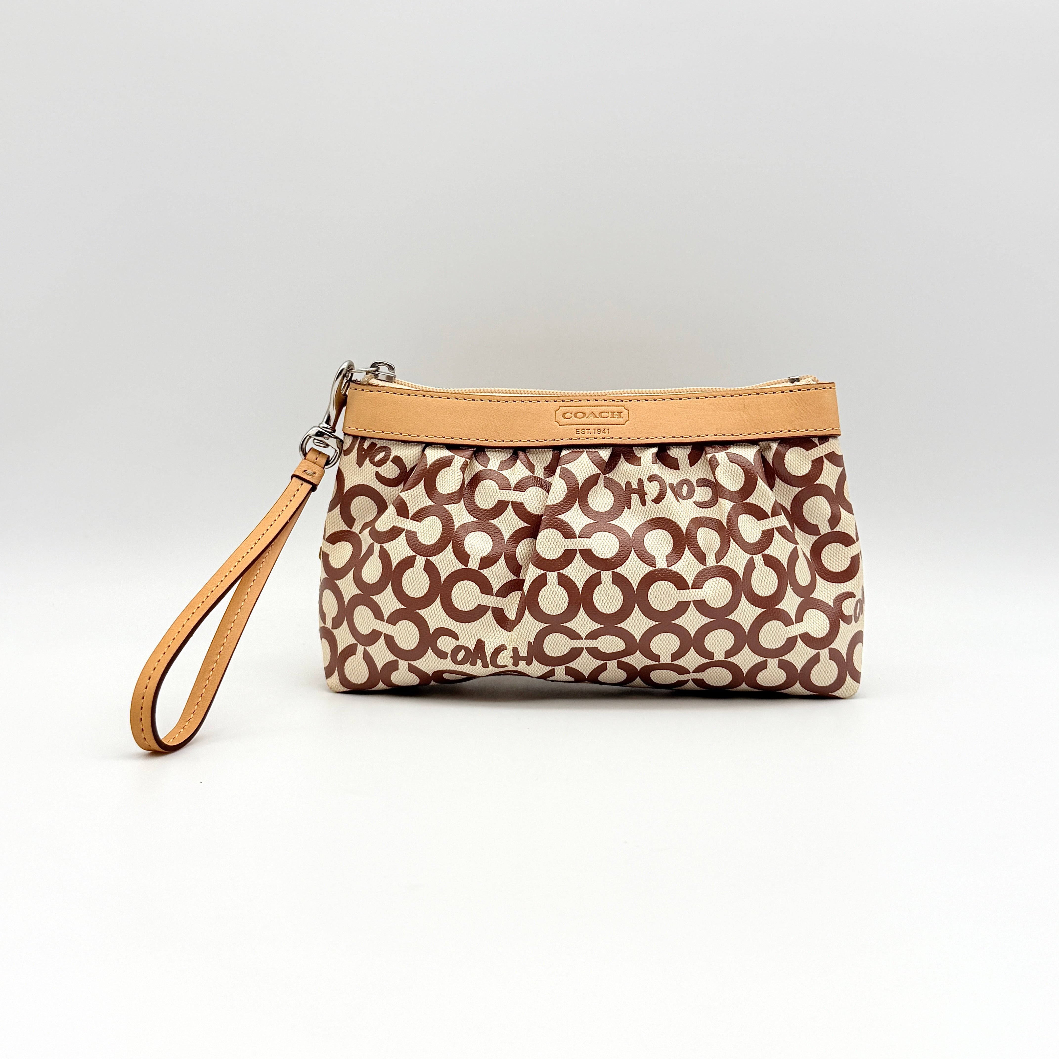 Coach Signature Op Art Wristlet Brown/Cream