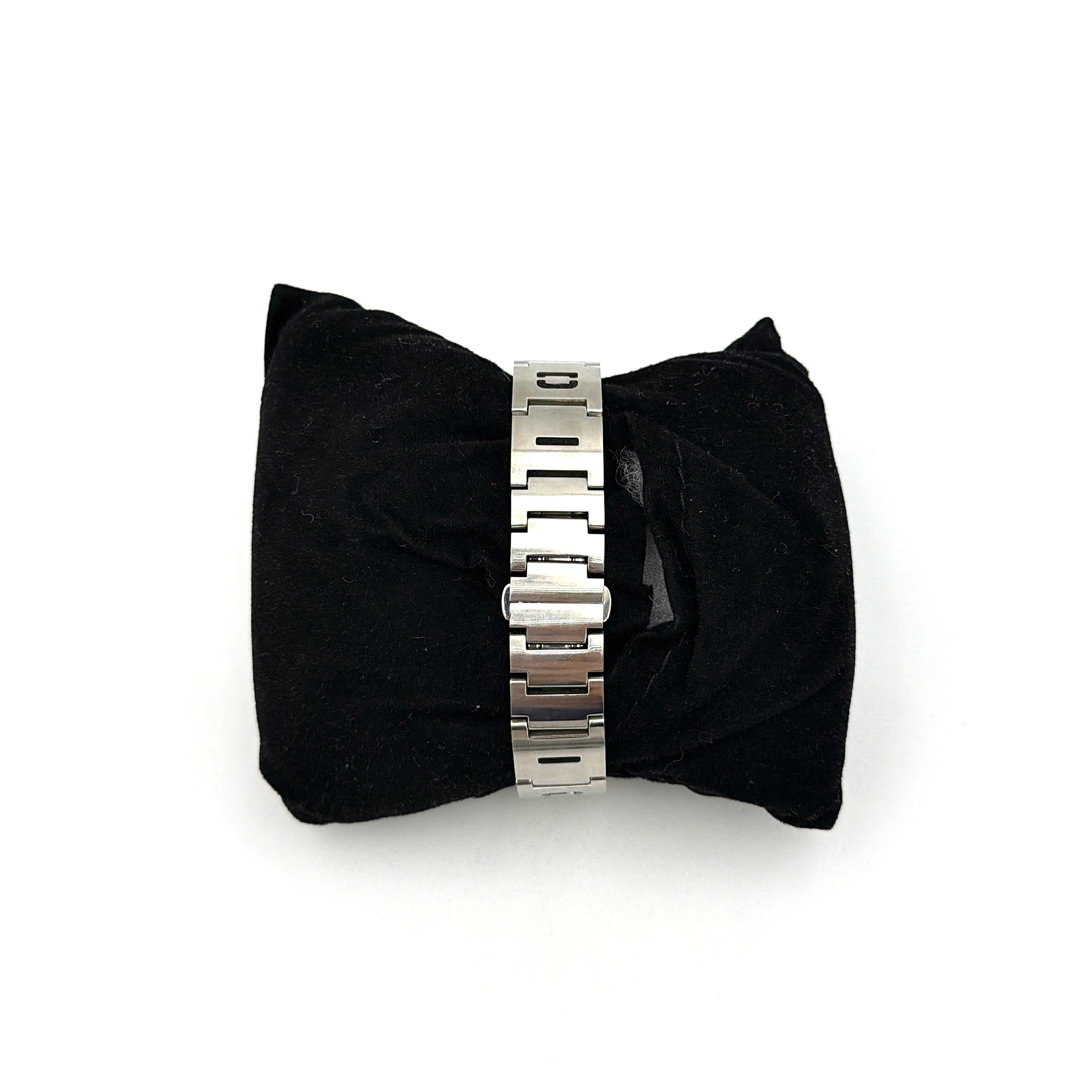 Fendi 3150L FF Logo Belt Watch in silver with a black dial, presented in a black Fendi box with gold logo accents.