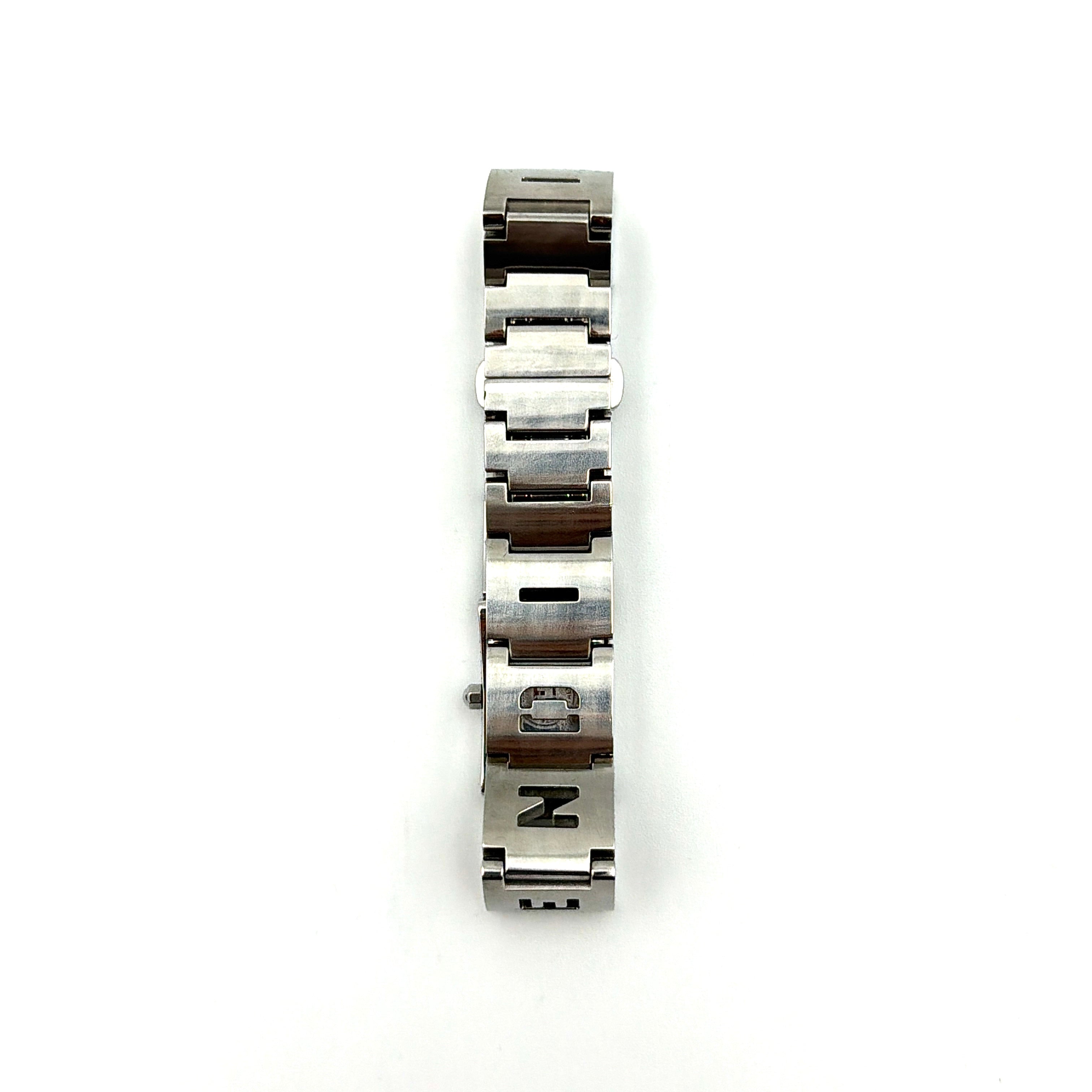 Fendi 3150L FF Logo Belt Watch in silver with a black dial, presented in a black Fendi box with gold logo accents.