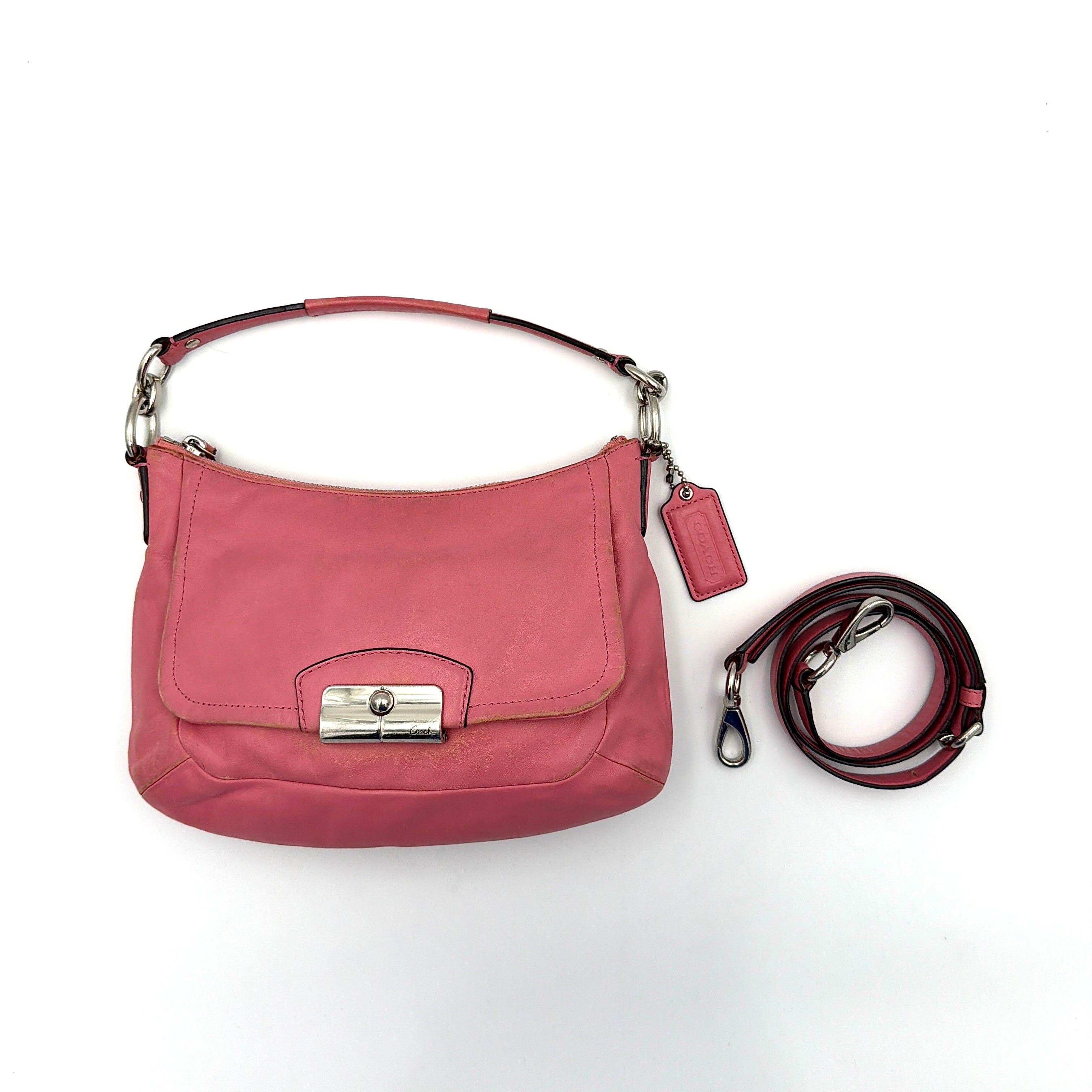 Coach Kristin 2Way Shoulder Bag in pink leather with silver hardware and detachable strap, displayed with both handle and crossbody option.