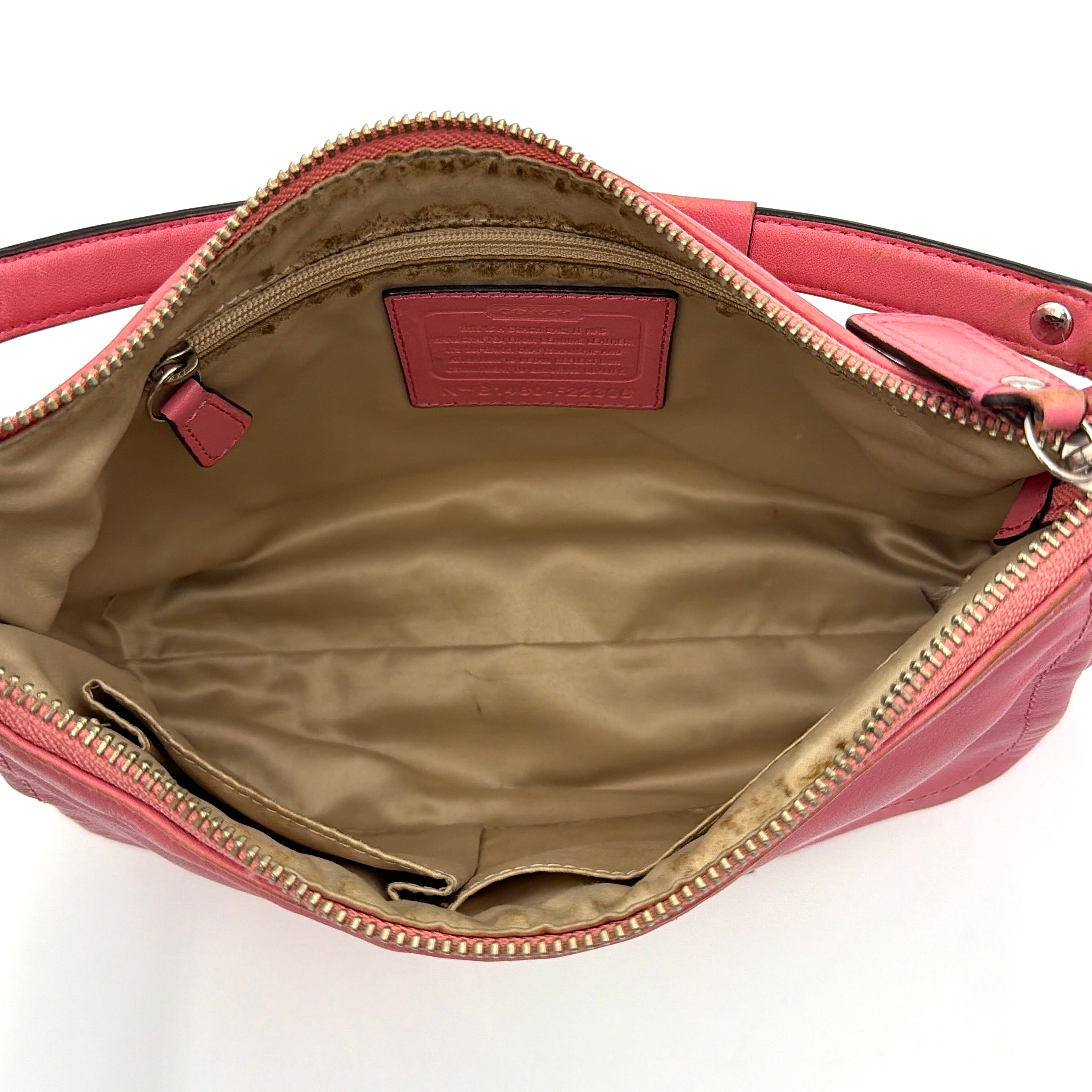 Coach Kristin 2Way Shoulder Bag in pink leather with silver hardware and detachable strap, displayed with both handle and crossbody option.
