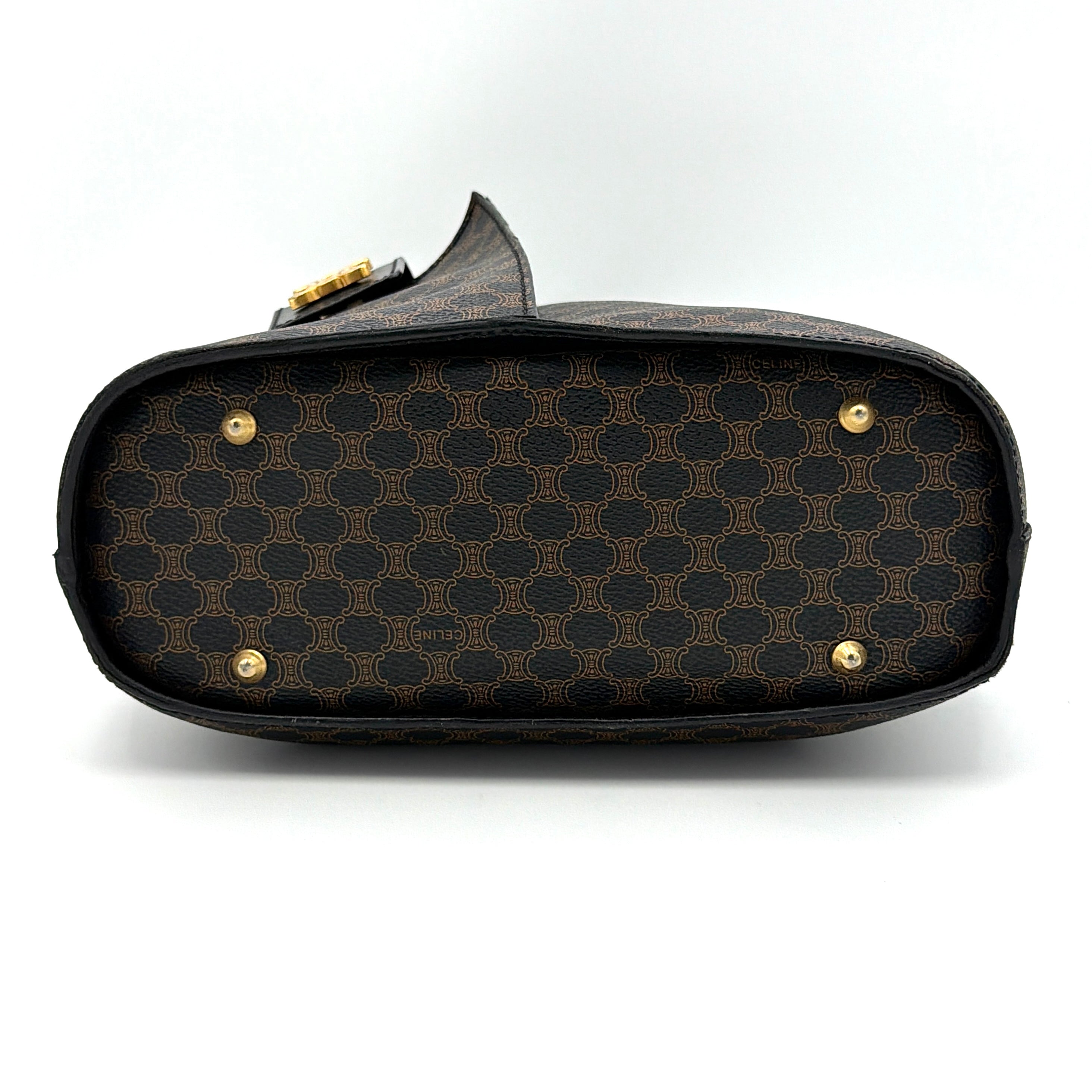 Celine Macadam Blason Tote Bag in brown coated canvas with all-over Macadam motif, black leather trim, and gold-tone Blason emblem front pocket.