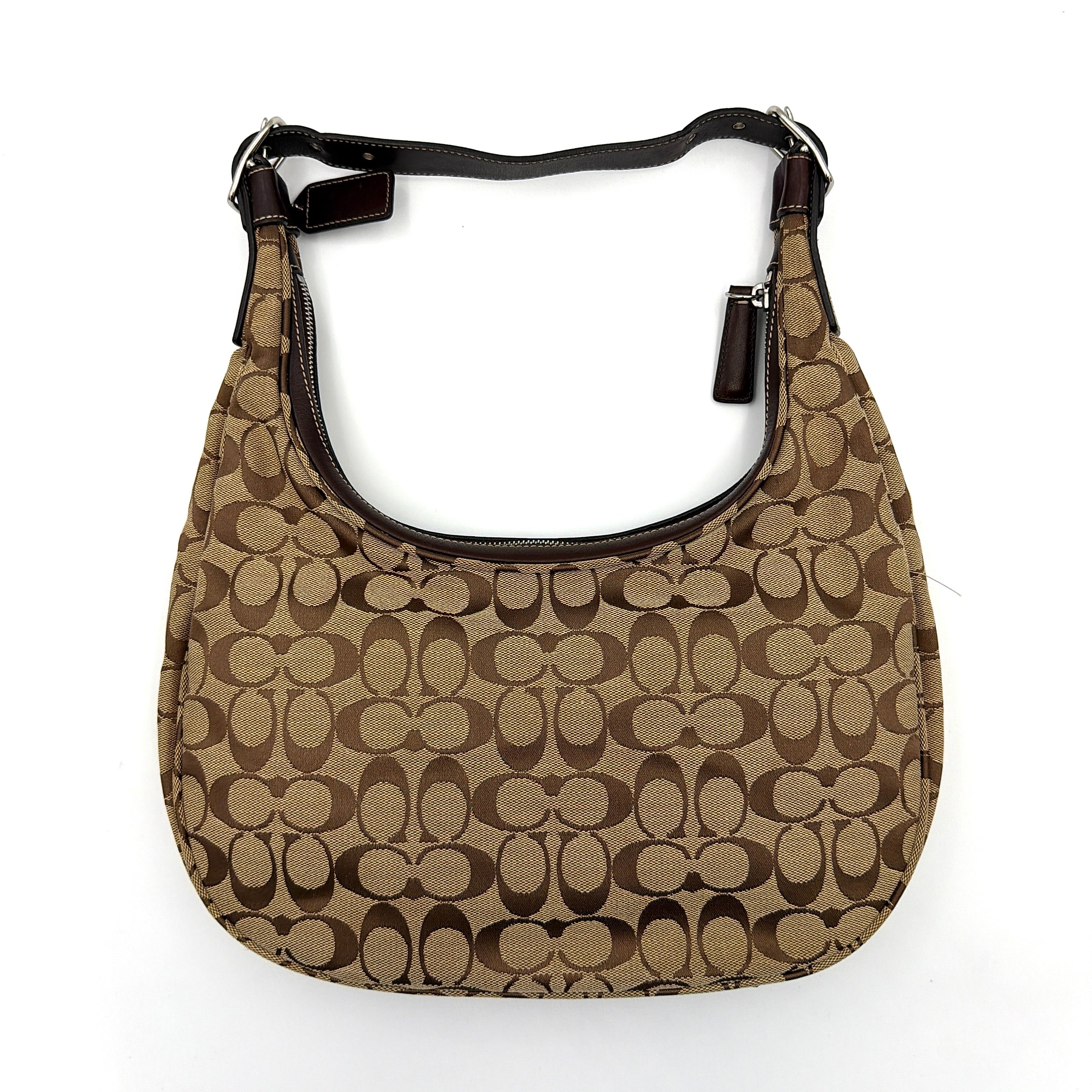 Coach Signature Hamilton Hobo Shoulder Bag in beige and brown jacquard, showcasing the iconic 'C' monogram with leather trim and silver hardware.