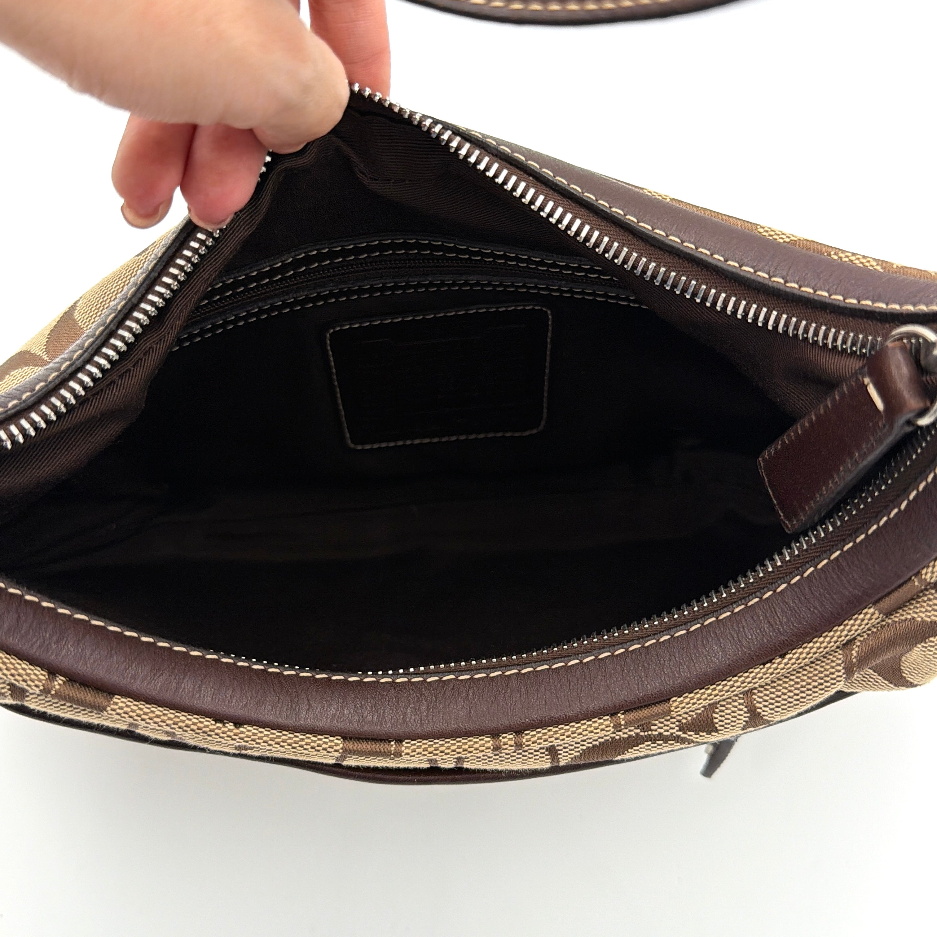 Coach Signature Hamilton Hobo Shoulder Bag in beige and brown jacquard, showcasing the iconic 'C' monogram with leather trim and silver hardware.