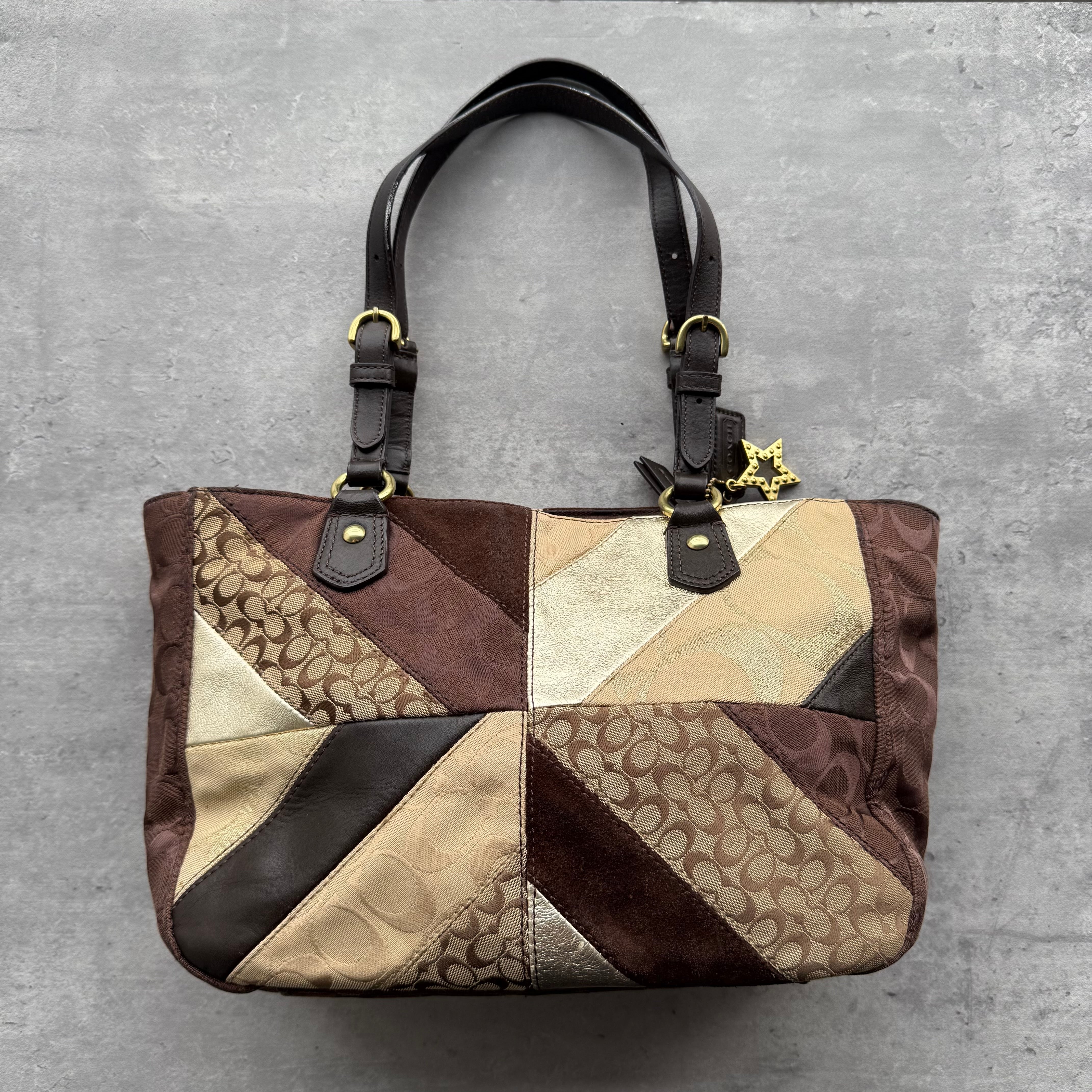 Coach Y2K Chevron Patchwork Tote Bag Brown Multicolor