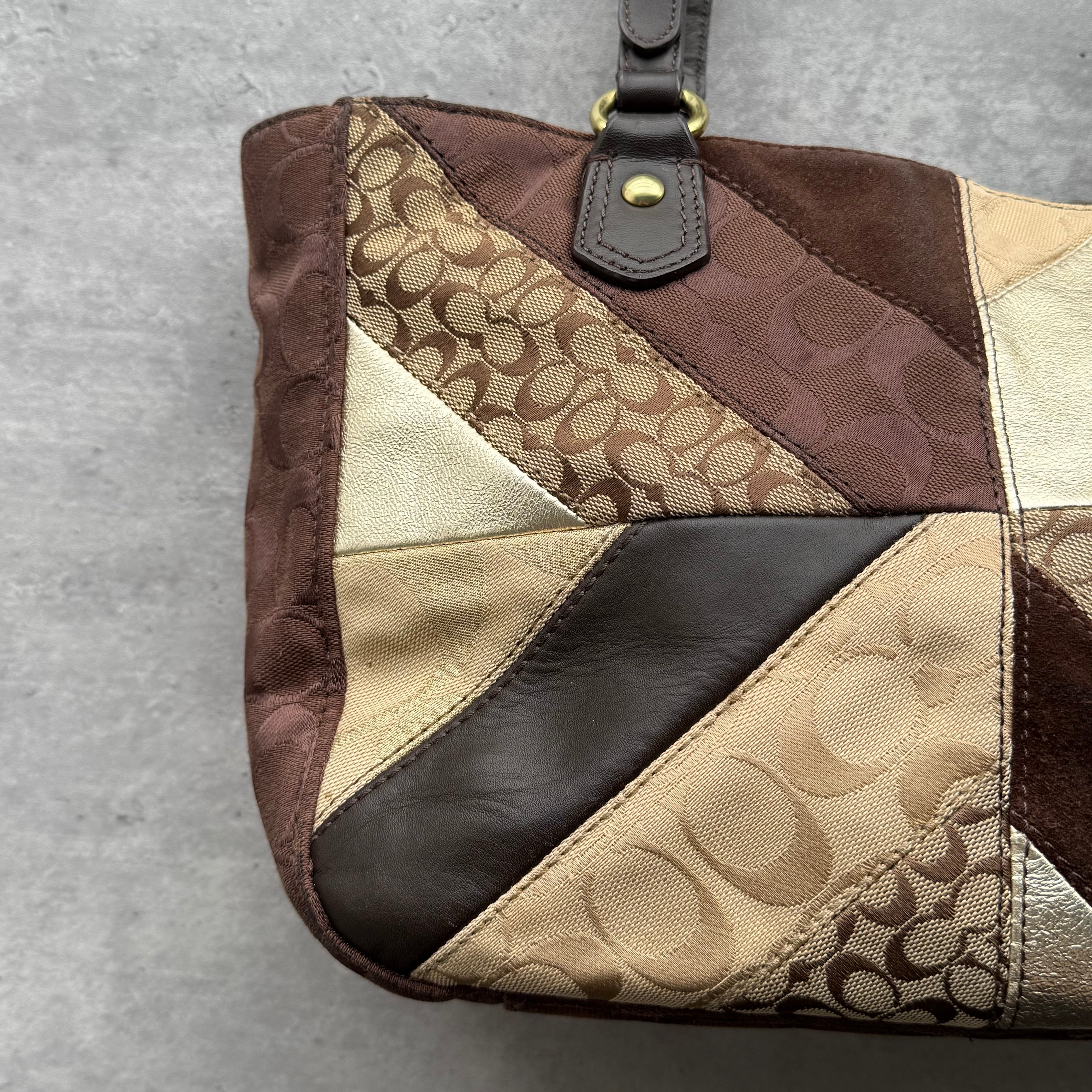 Coach Y2K Chevron Patchwork Tote Bag Brown Multicolor