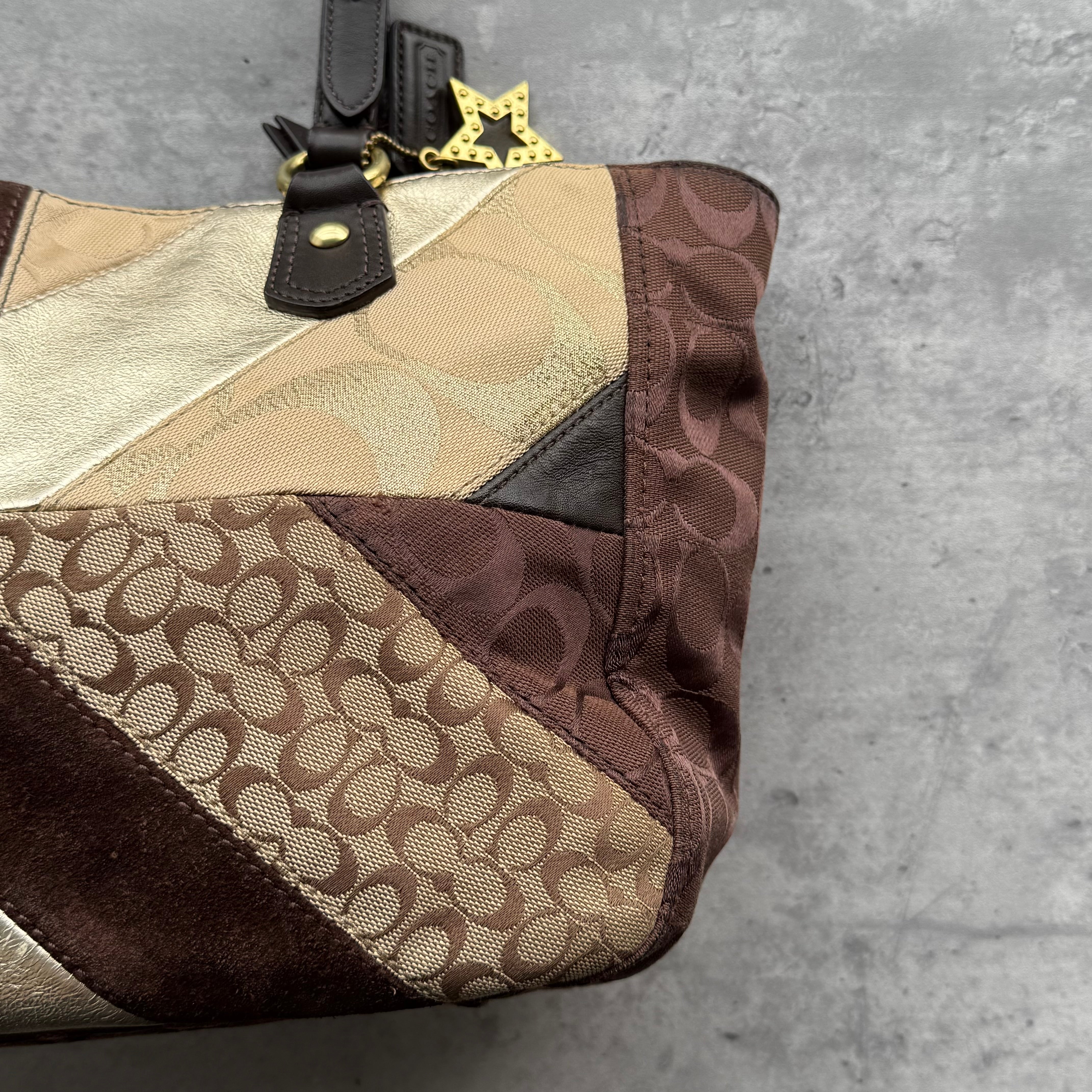 Coach Y2K Chevron Patchwork Tote Bag Brown Multicolor