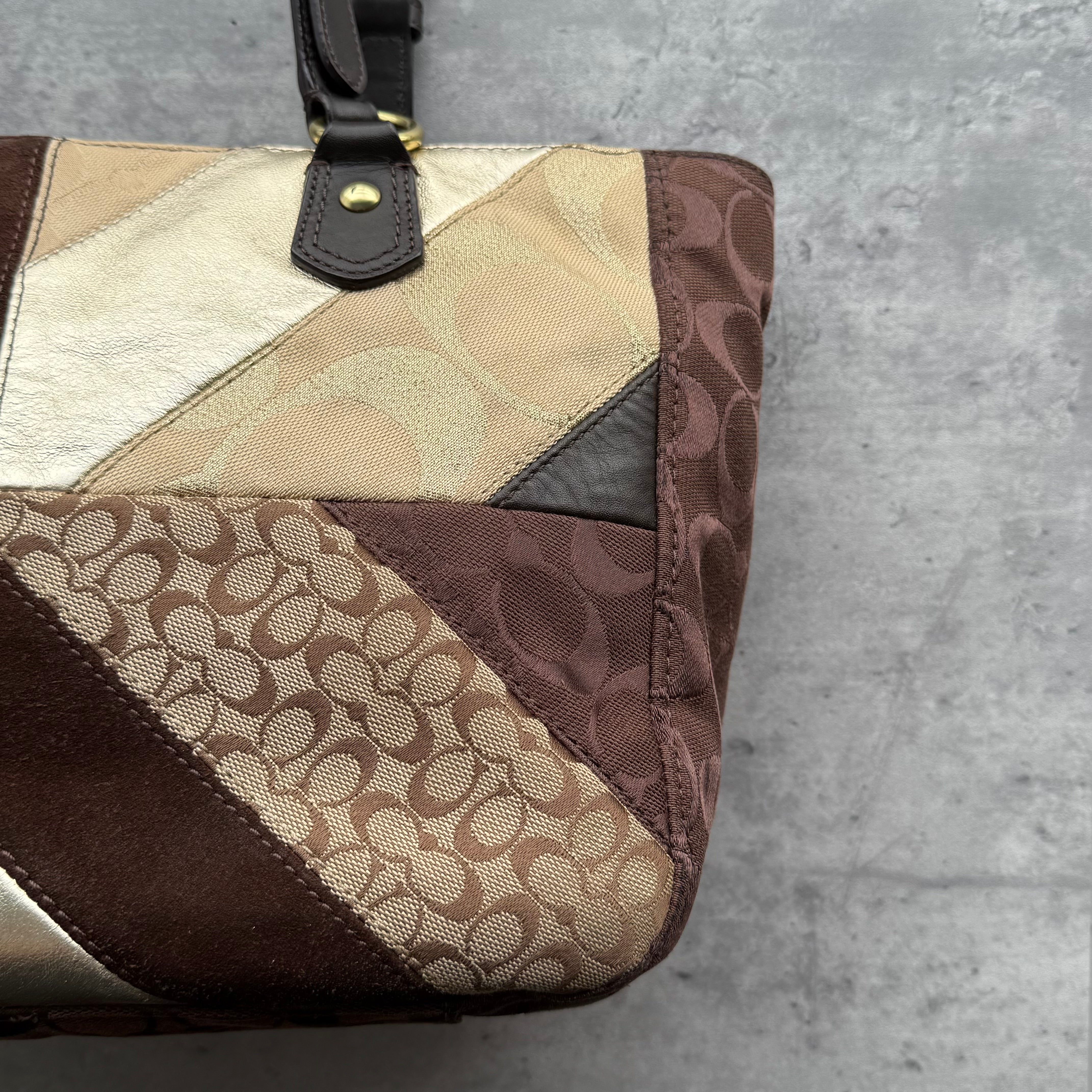 Coach Y2K Chevron Patchwork Tote Bag Brown Multicolor