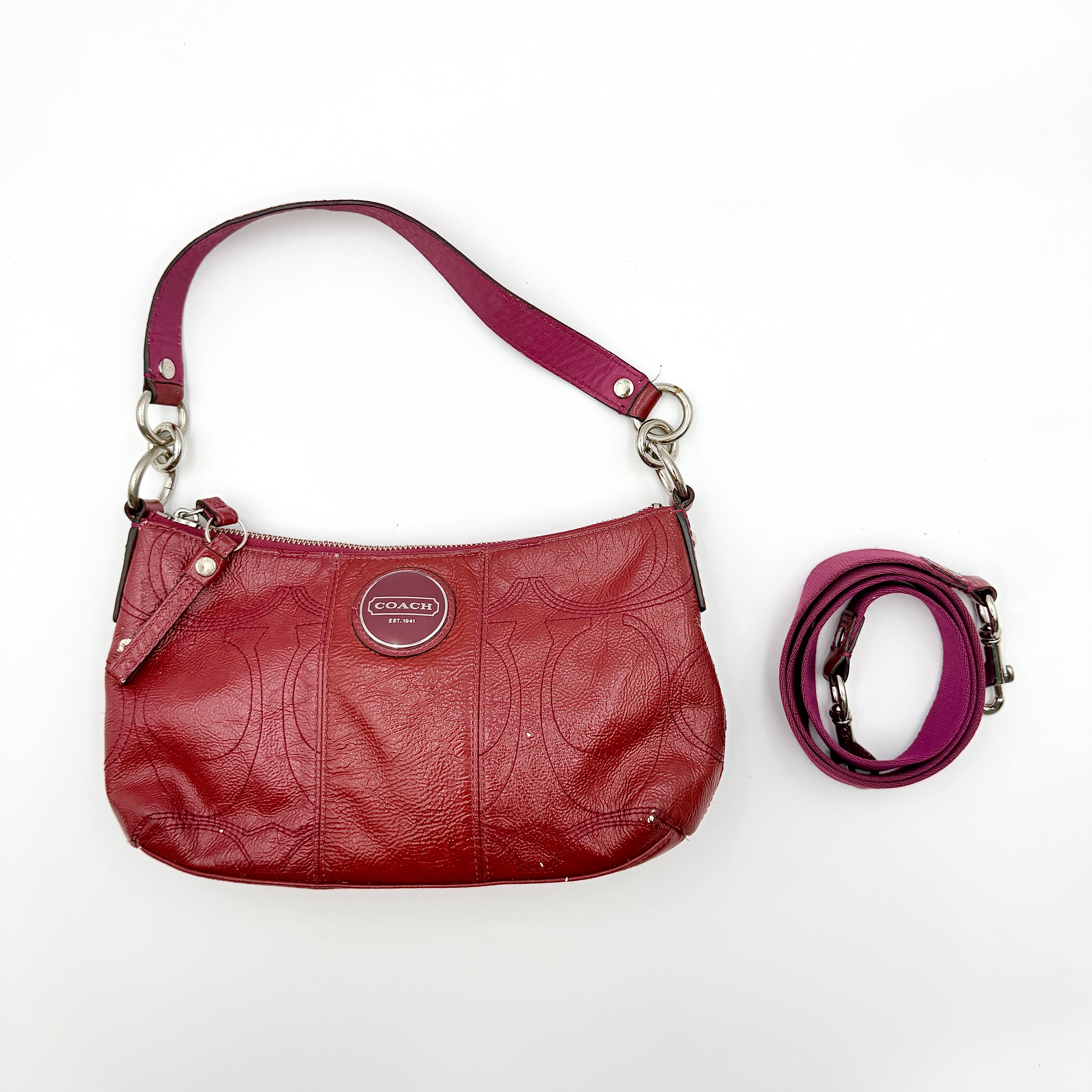 Coach 2Way Signature Stripe Shoulder Bag in red leather with detachable strap, shown against a white background.