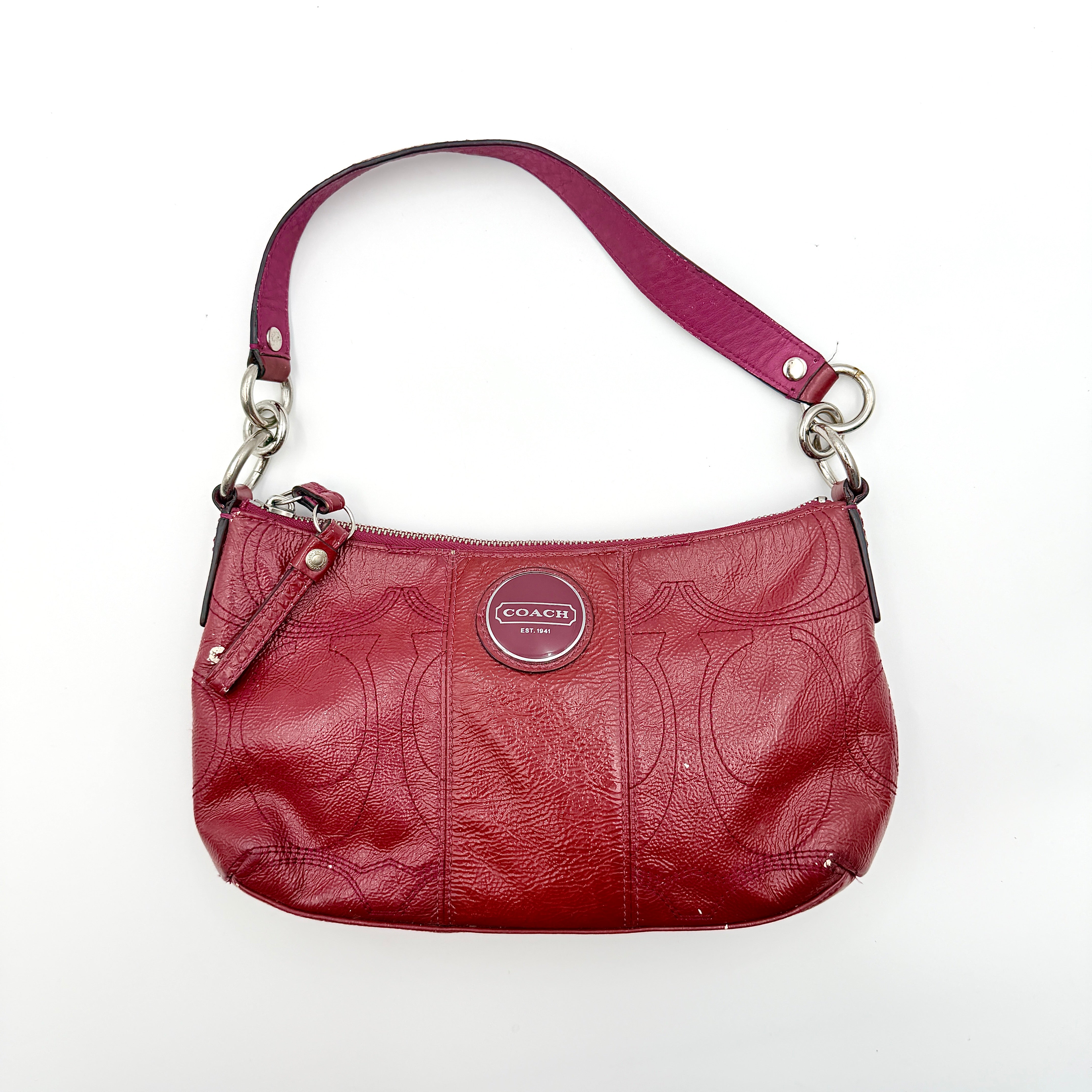 Coach 2Way Signature Stripe Shoulder Bag in red leather with detachable strap, shown against a white background.