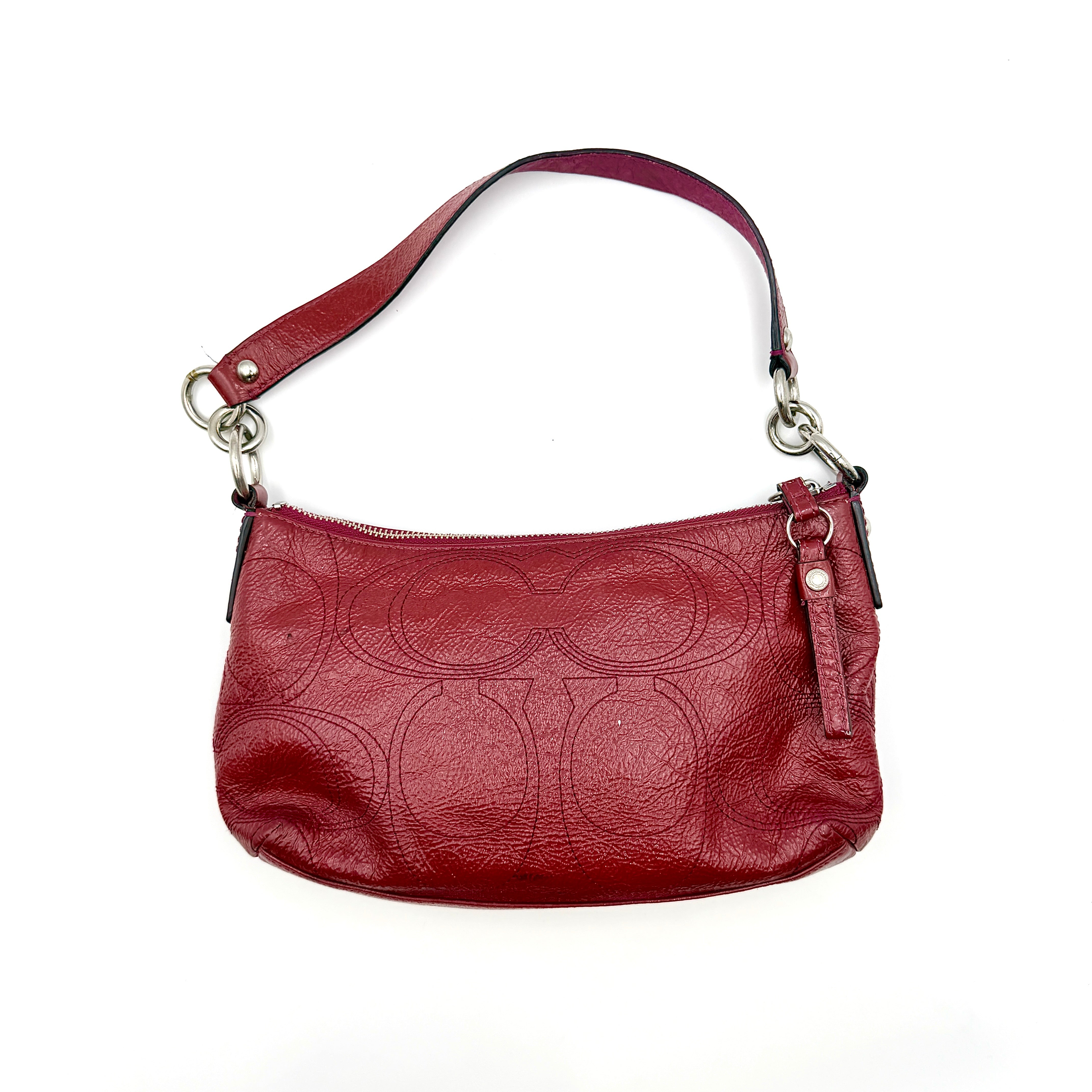 Coach 2Way Signature Stripe Shoulder Bag in red leather with detachable strap, shown against a white background.