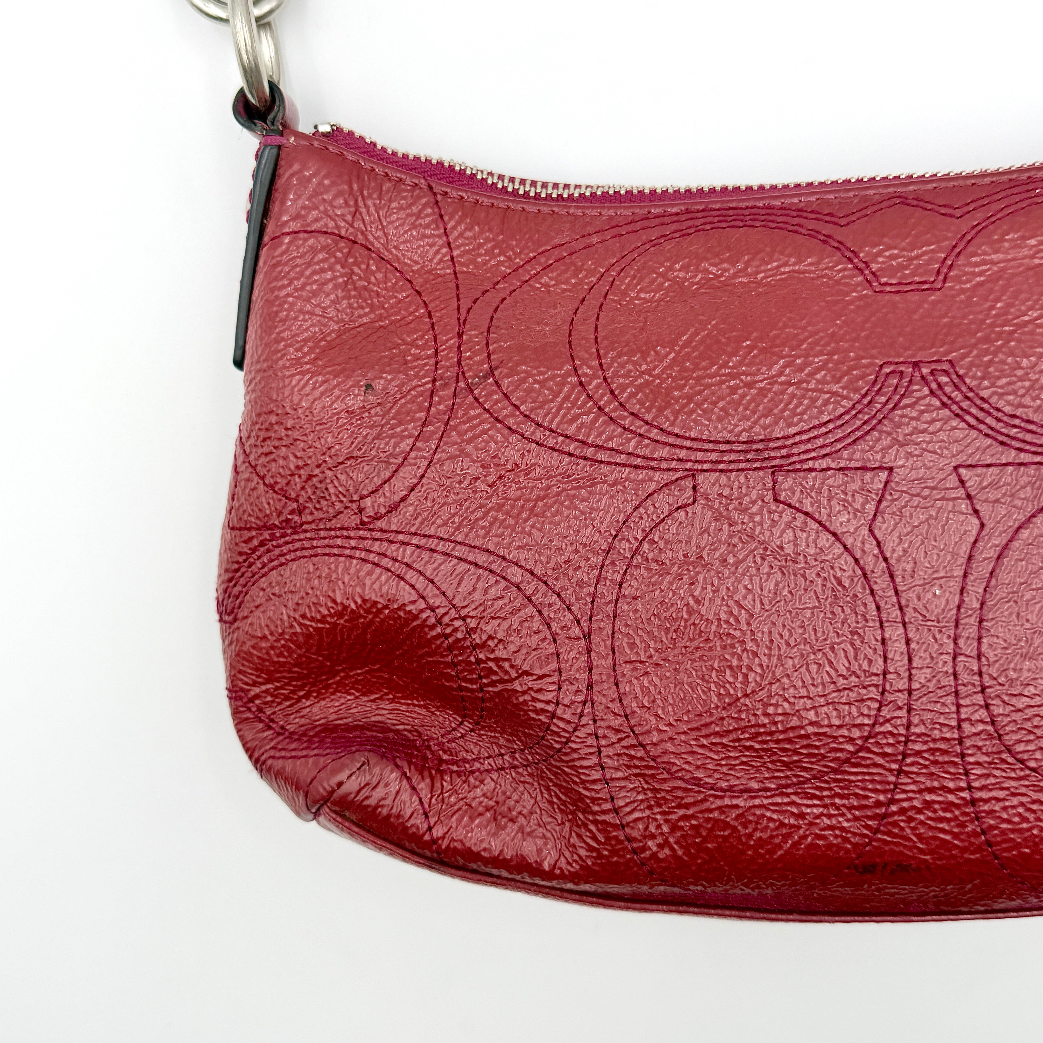 Coach 2Way Signature Stripe Shoulder Bag in red leather with detachable strap, shown against a white background.