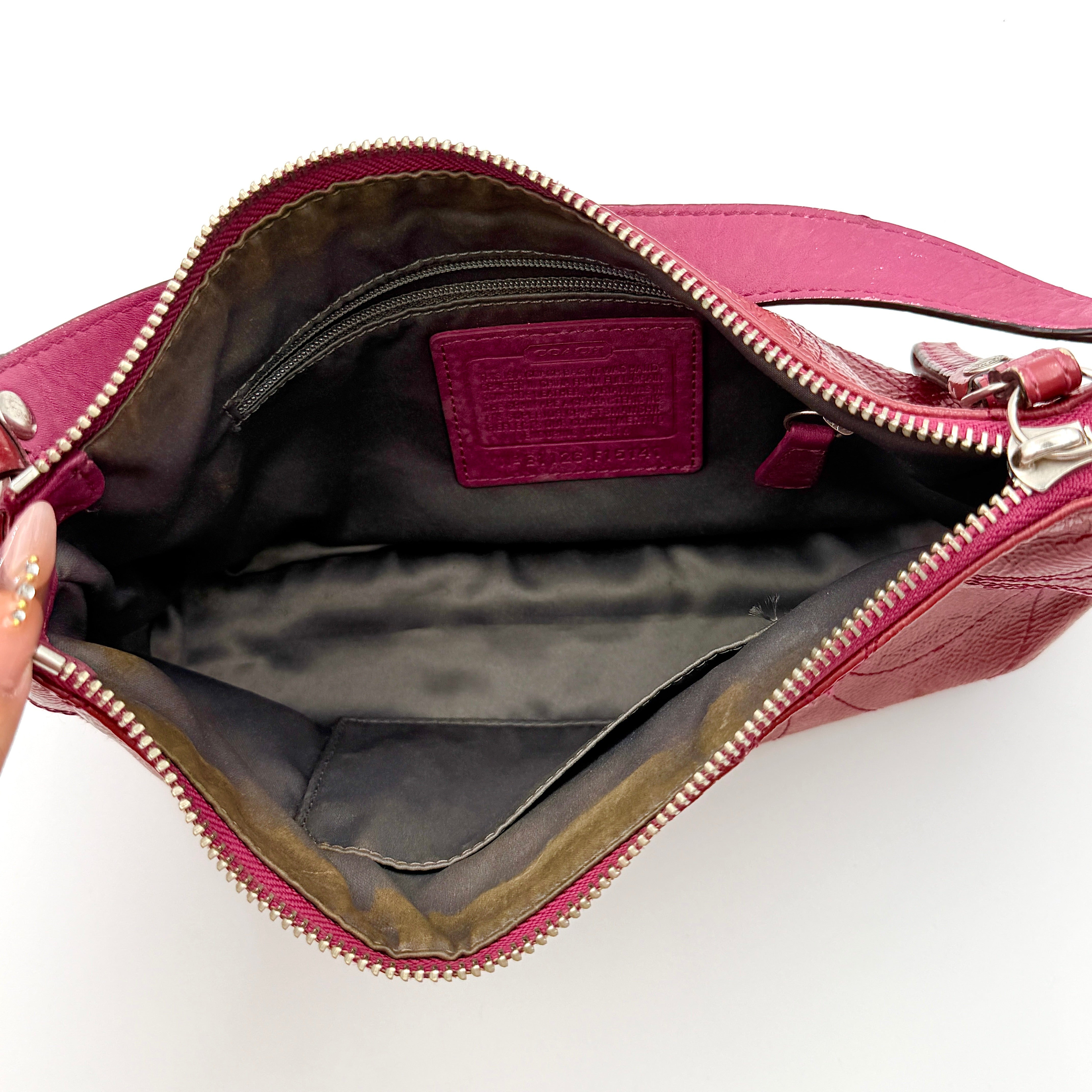 Coach 2Way Signature Stripe Shoulder Bag in red leather with detachable strap, shown against a white background.