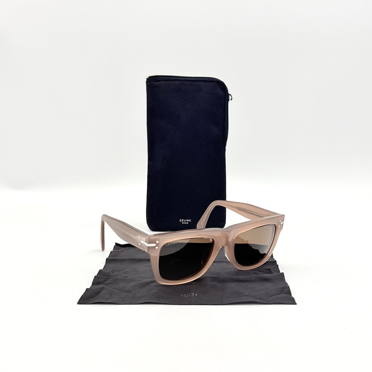 Celine CL 41046/F/S Tilda sunglasses in brown acetate with silver hardware, shown with Celine case and cloth.