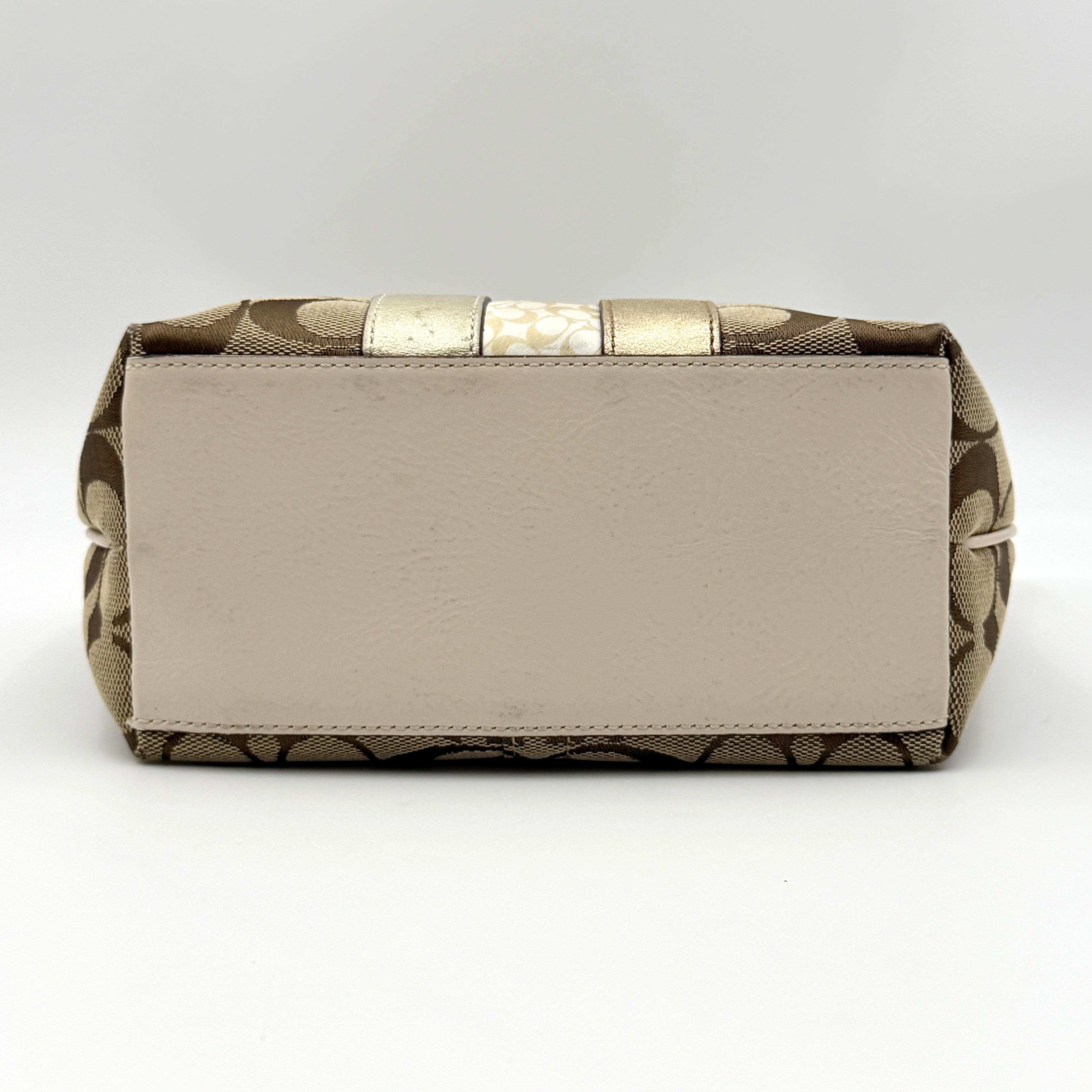 Coach Signature Stripe Mini Hobo Shoulder Bag in beige and gold with monogram canvas, cream leather trim, and gold stripes.