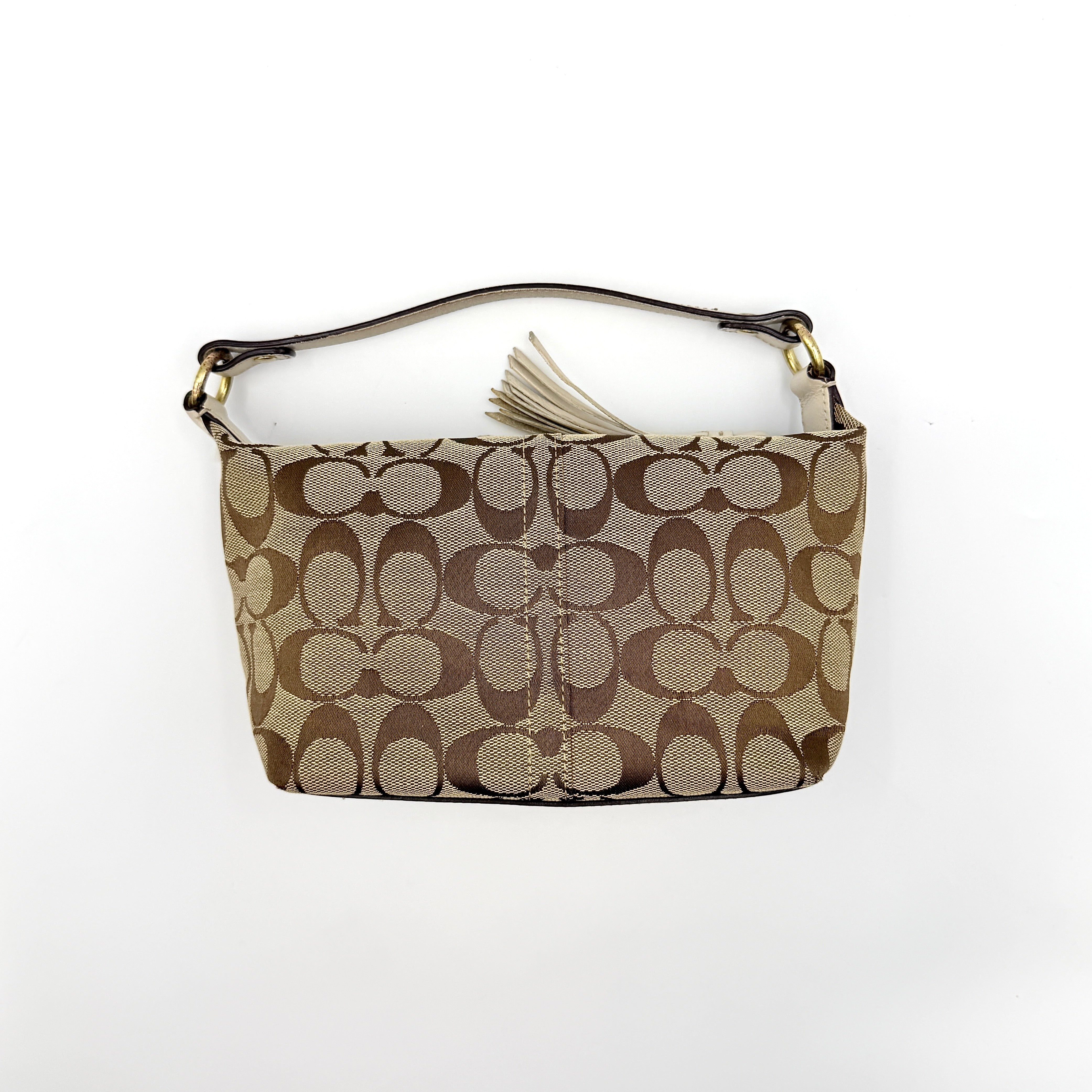 Coach Signature Stripe Mini Hobo Shoulder Bag in beige and gold with monogram canvas, cream leather trim, and gold stripes.