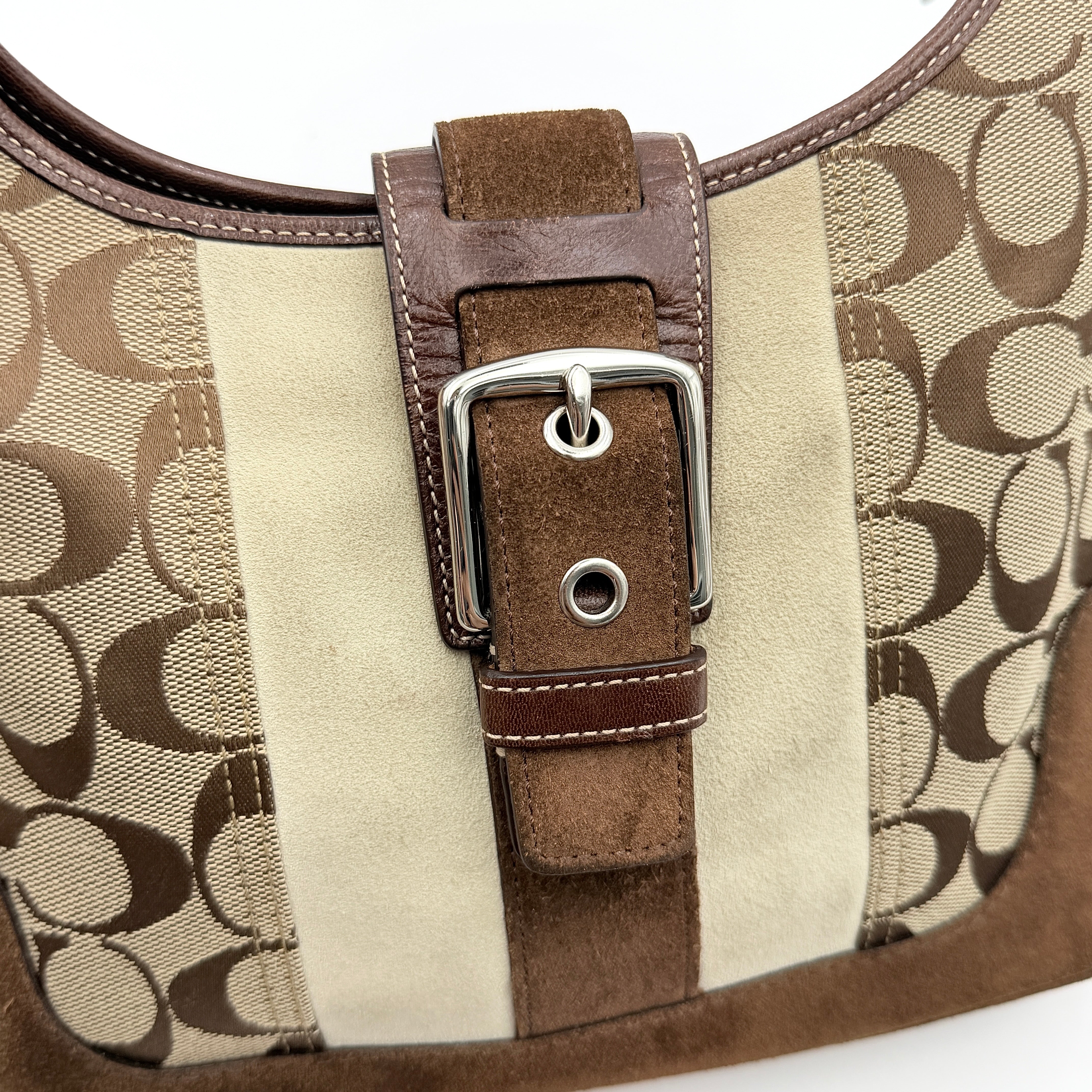 Coach Signature Hamilton Stripe Hobo Shoulder Bag Beige/Brown