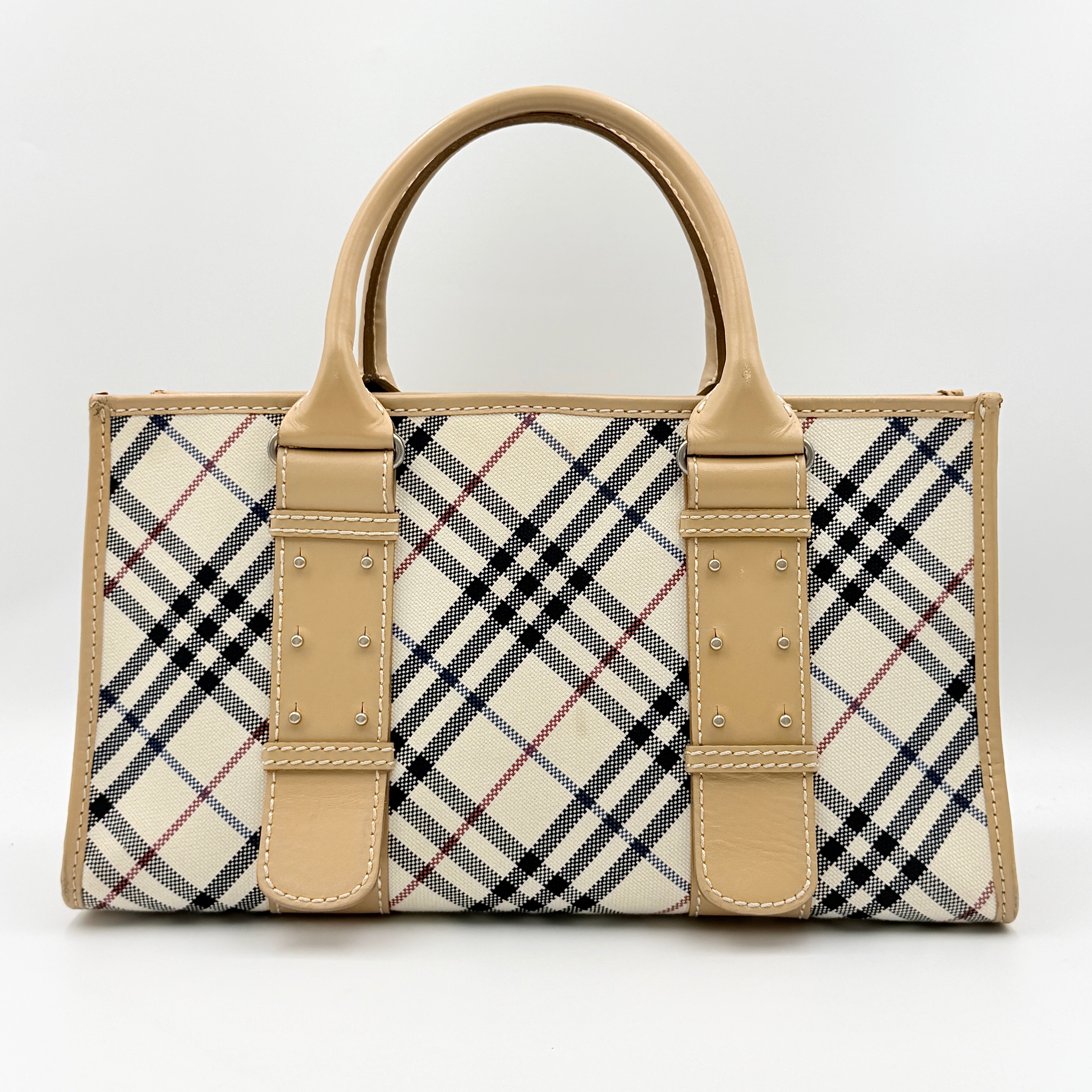 Burberry Blue Label Nova Check handbag in beige with leather trim and double top handles, displayed against a white background.