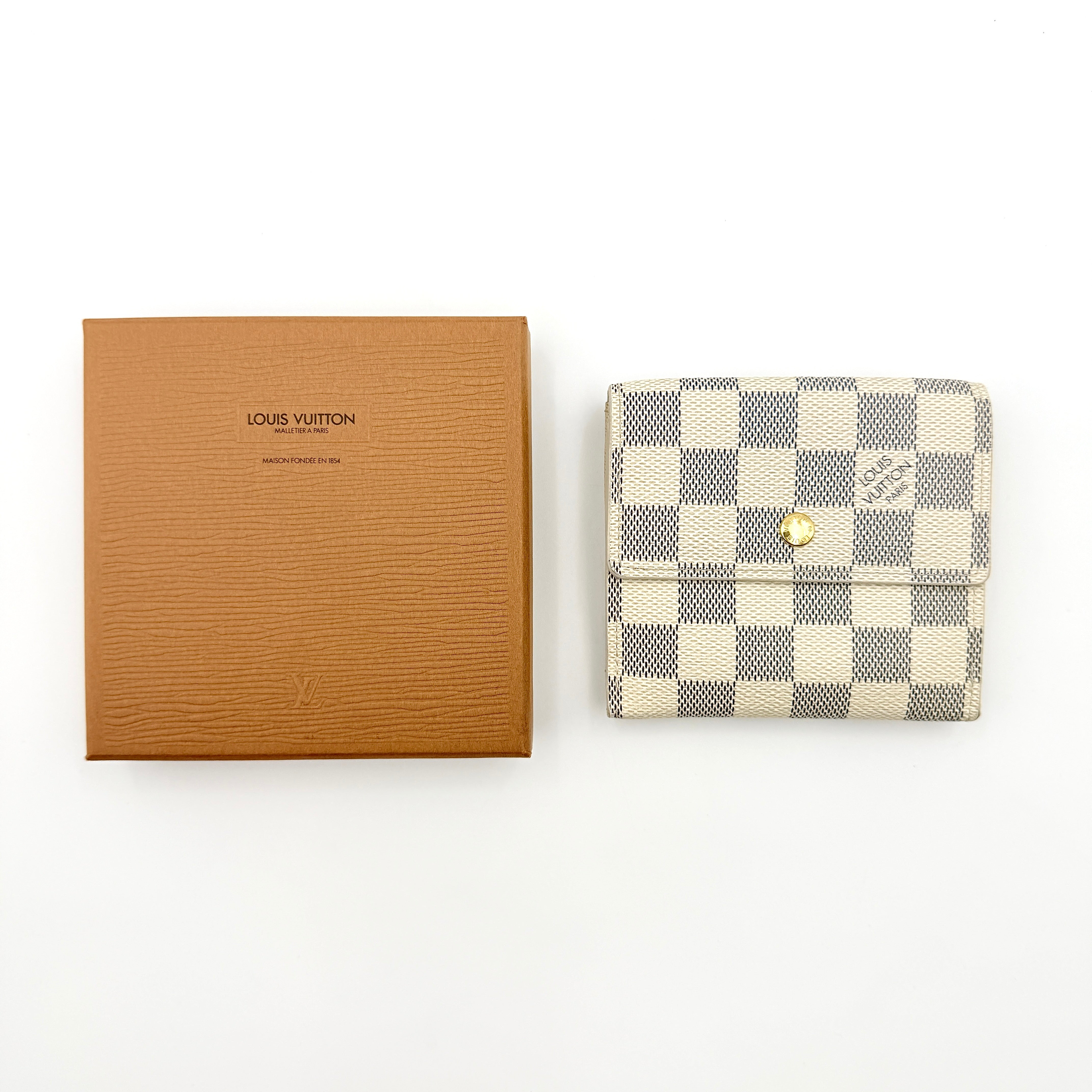 Louis Vuitton Damier Azur Elise Wallet in checked canvas with gold button snap, photographed on a clean white background.