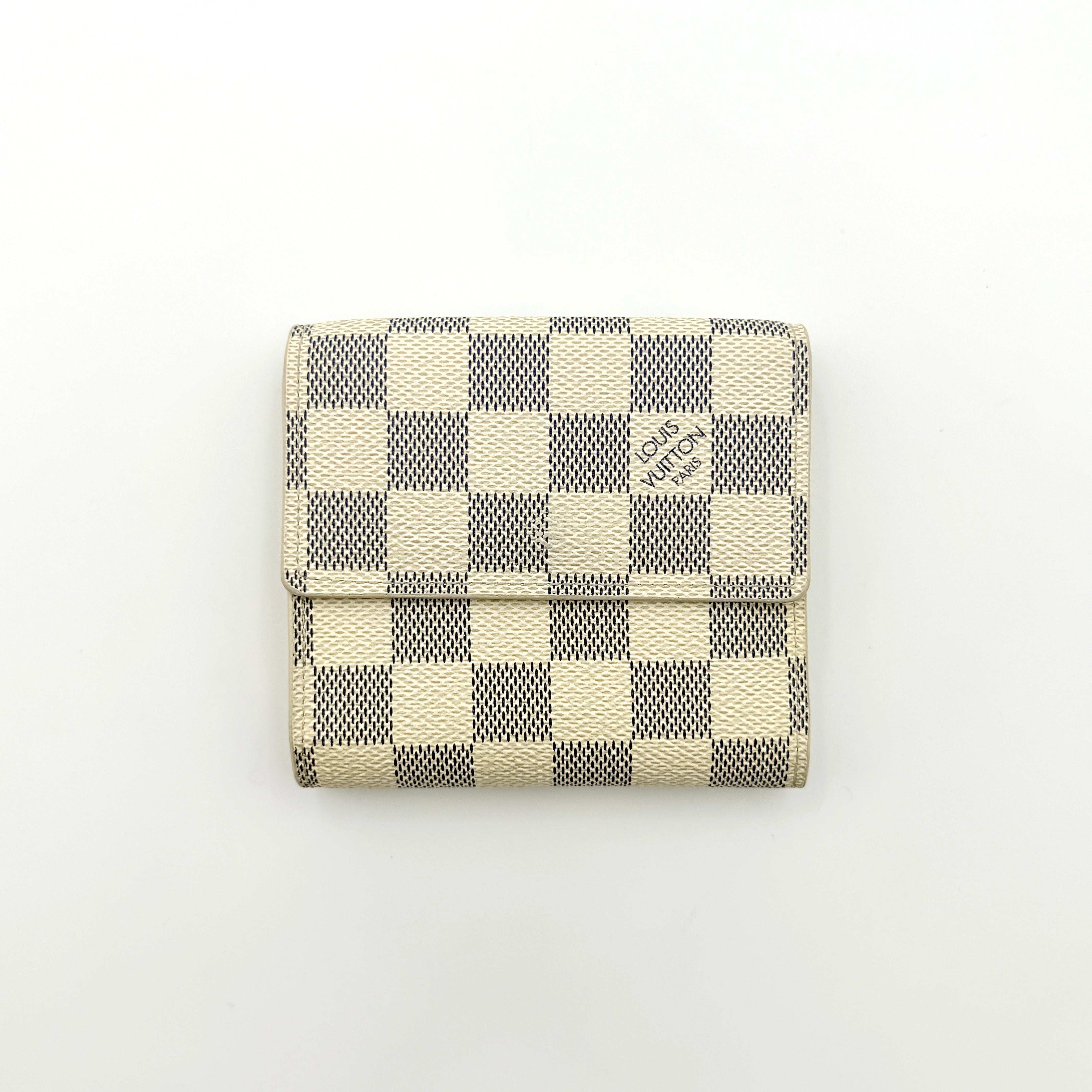 Louis Vuitton Damier Azur Elise Wallet in checked canvas with gold button snap, photographed on a clean white background.
