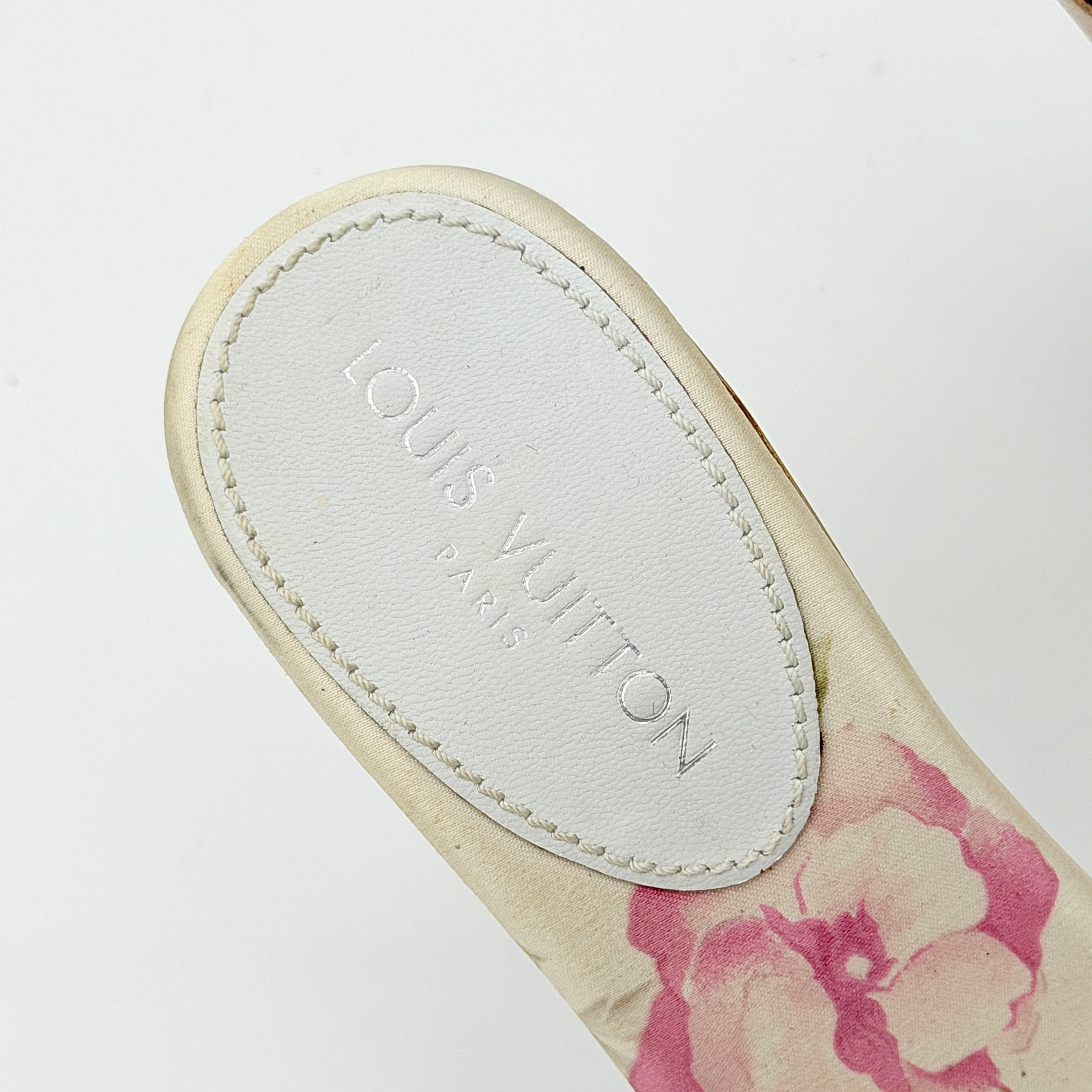 Louis Vuitton Takashi Murakami multicolour monogram satin heels with floral print, bow detail, and wooden heel, size EU34.