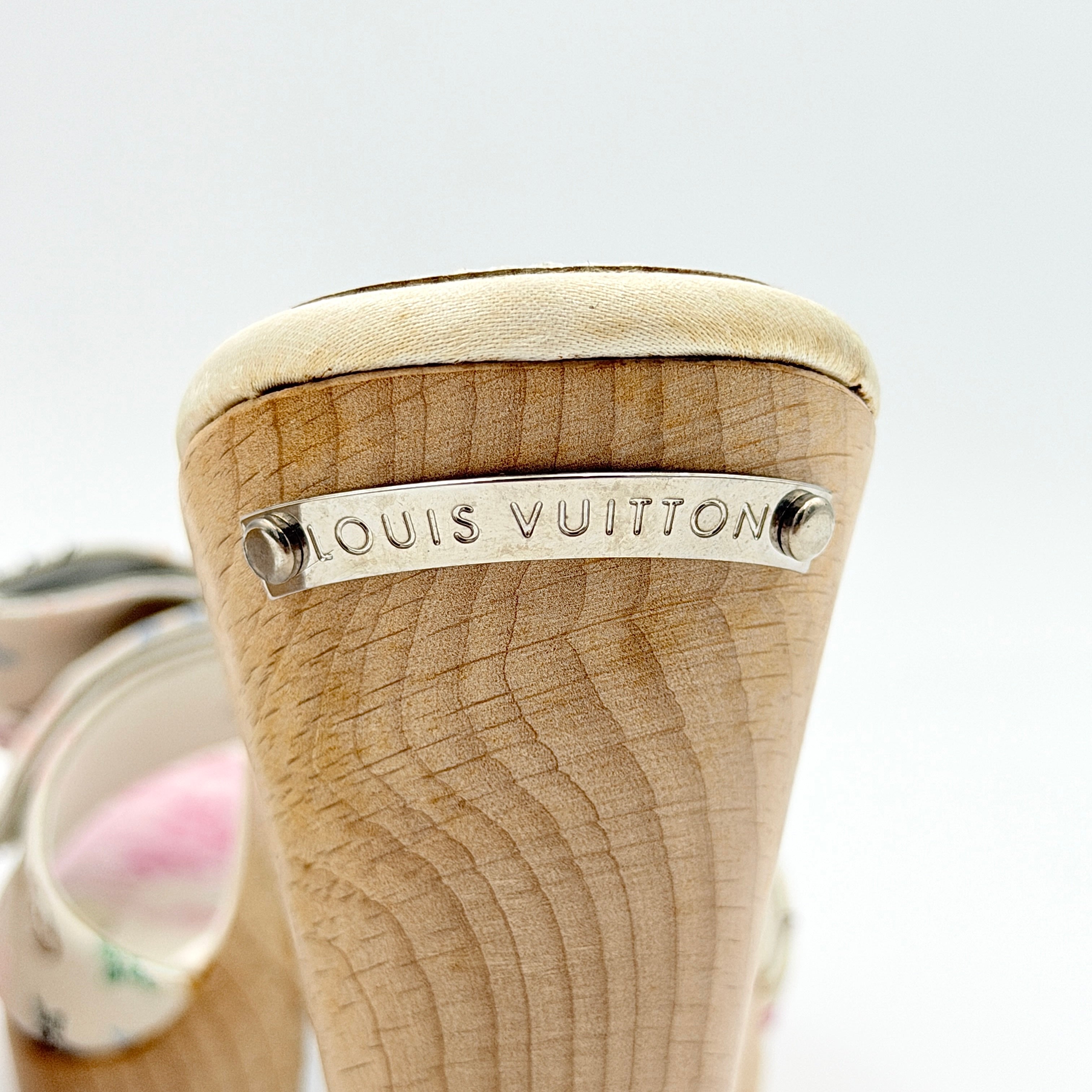 Louis Vuitton Takashi Murakami multicolour monogram satin heels with floral print, bow detail, and wooden heel, size EU34.