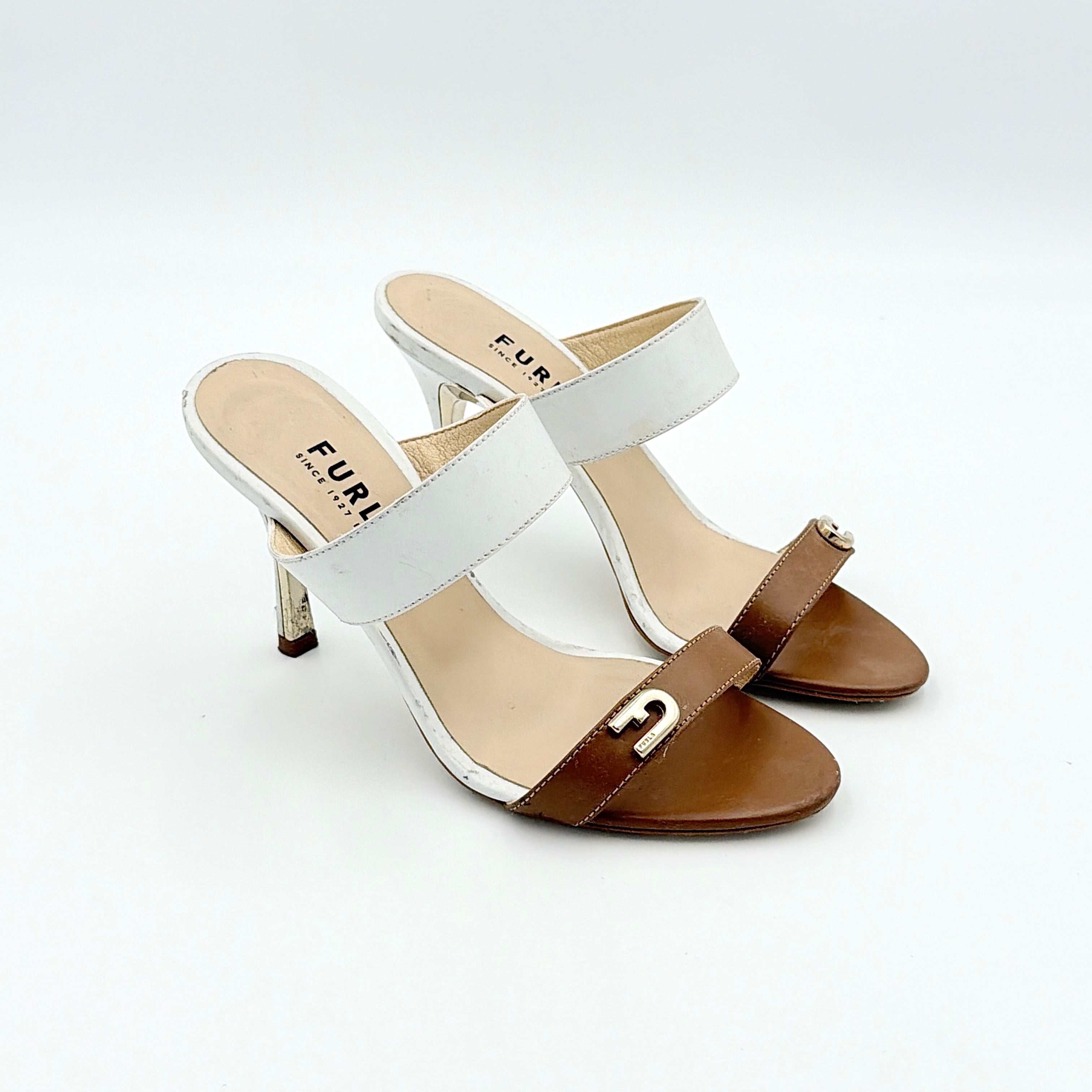 Furla brown and white colorblock mule sandals with gold-tone logo hardware and high white heel, size EU36