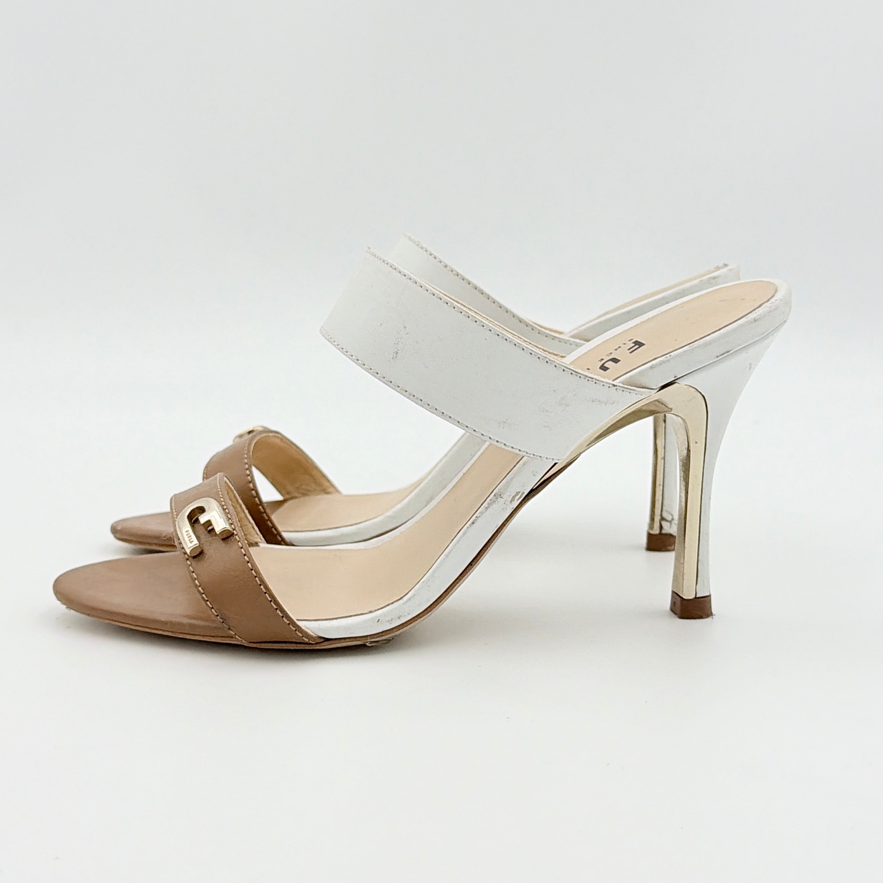 Furla brown and white colorblock mule sandals with gold-tone logo hardware and high white heel, size EU36