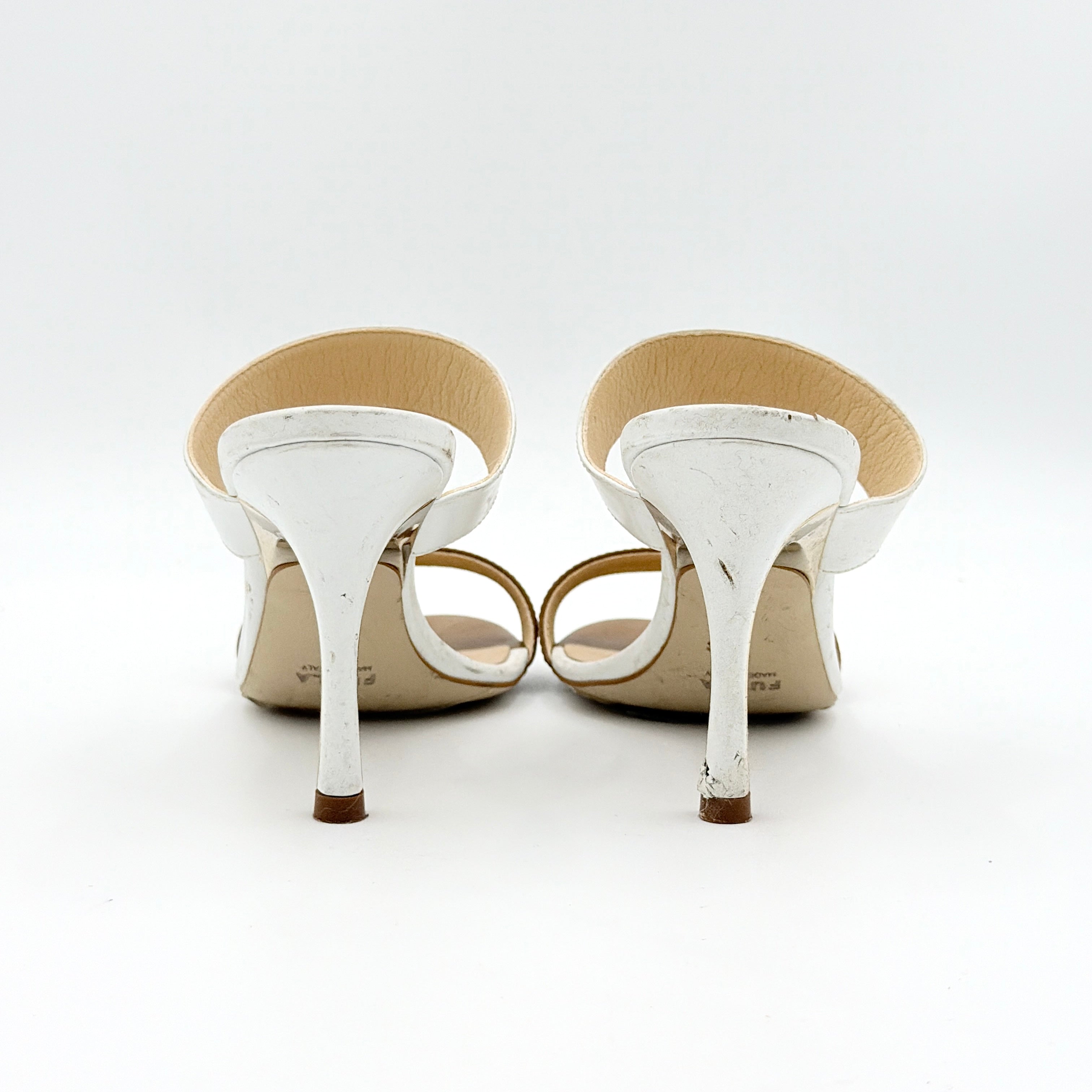 Furla brown and white colorblock mule sandals with gold-tone logo hardware and high white heel, size EU36
