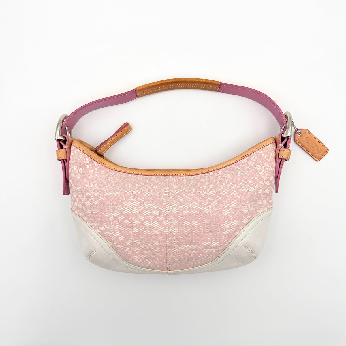 Coach Y2K Signature Hobo Shoulder Bag in pink jacquard with tan and white leather trim, shown on a white background.