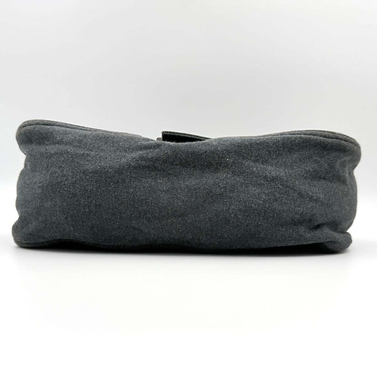 Fendi Mamma Baguette in grey textile with matte FF plaque, shown with original yellow Fendi dust bag.
