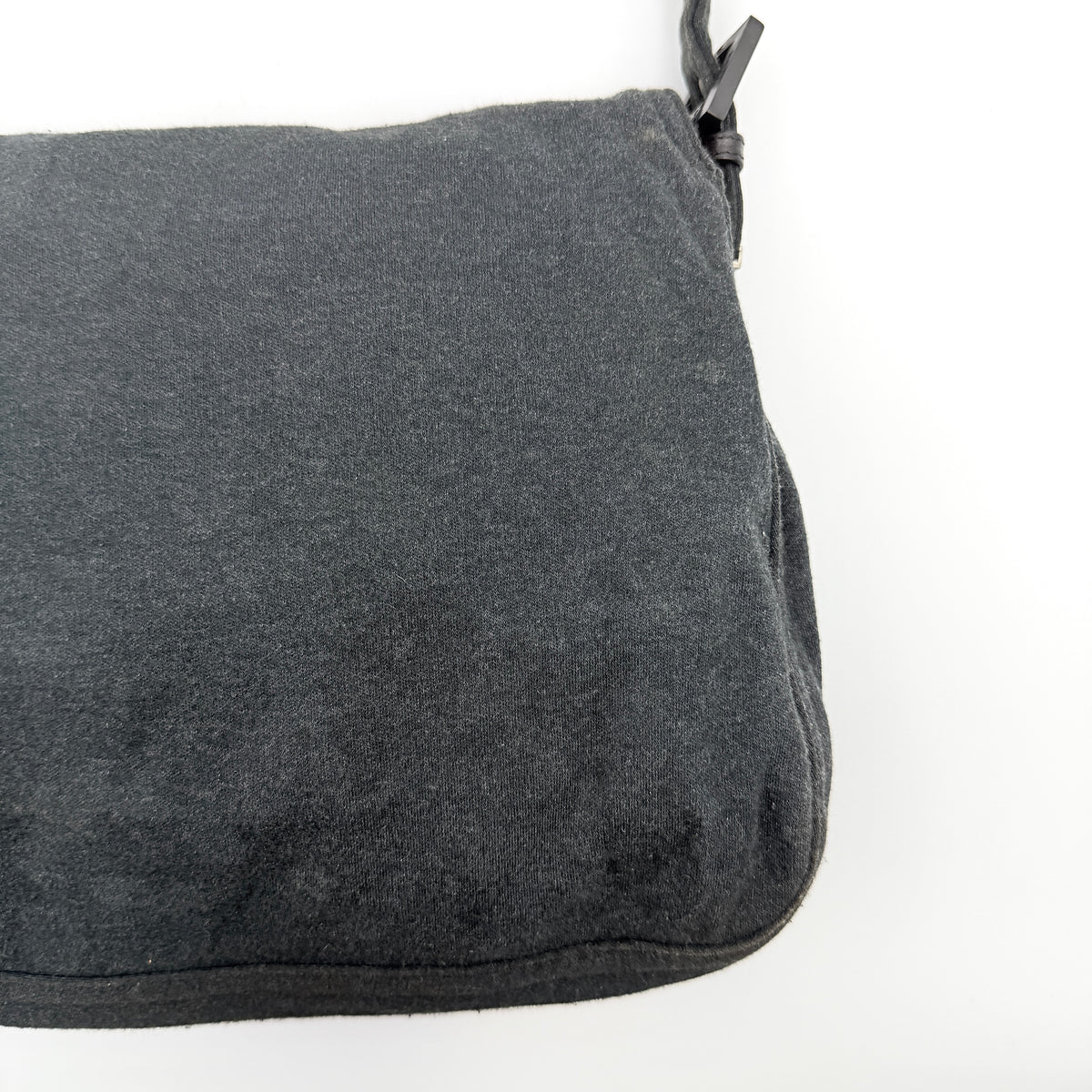 Fendi Mamma Baguette in grey textile with matte FF plaque, shown with original yellow Fendi dust bag.