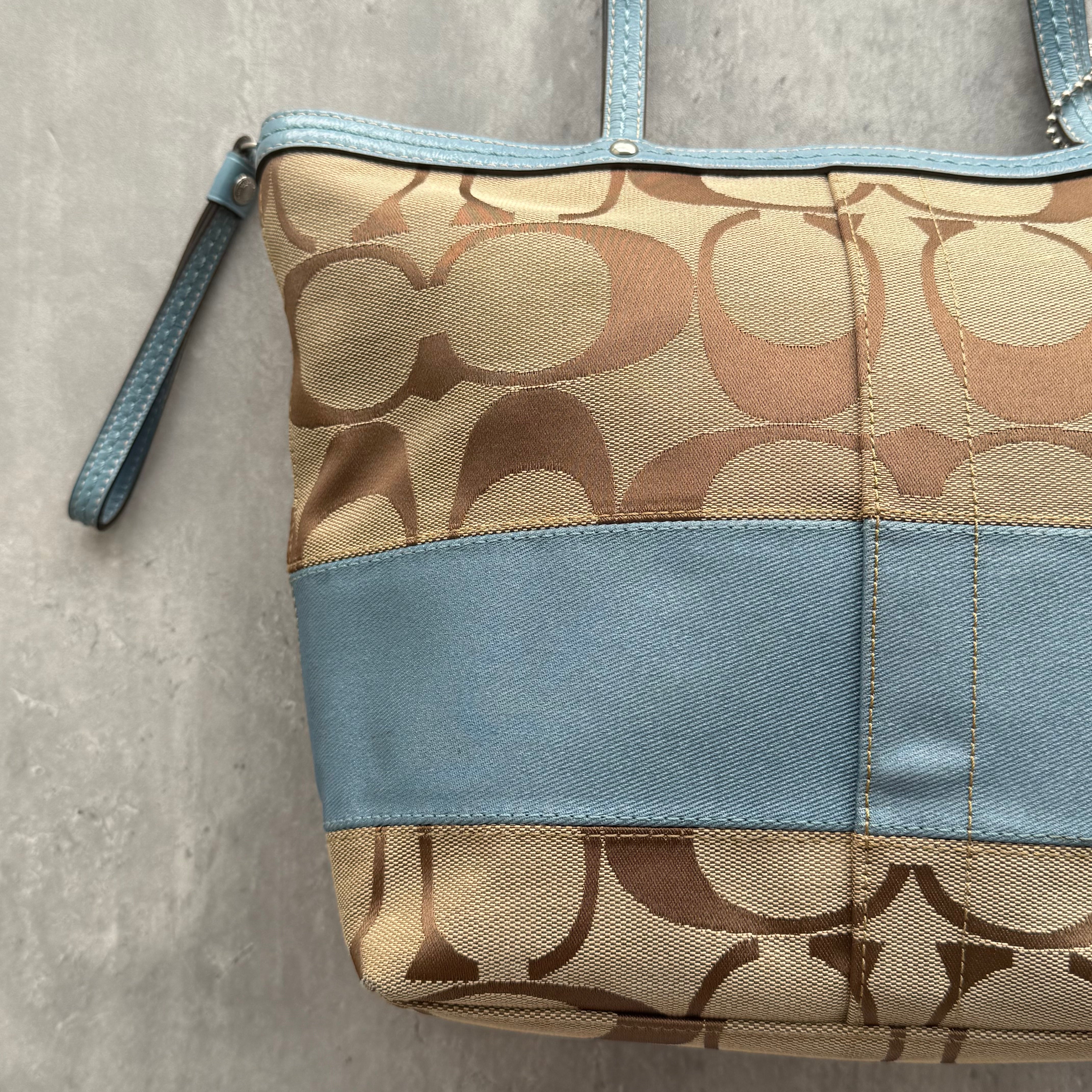 Coach Signature Stripe Tote Bag Light Blue/Beige