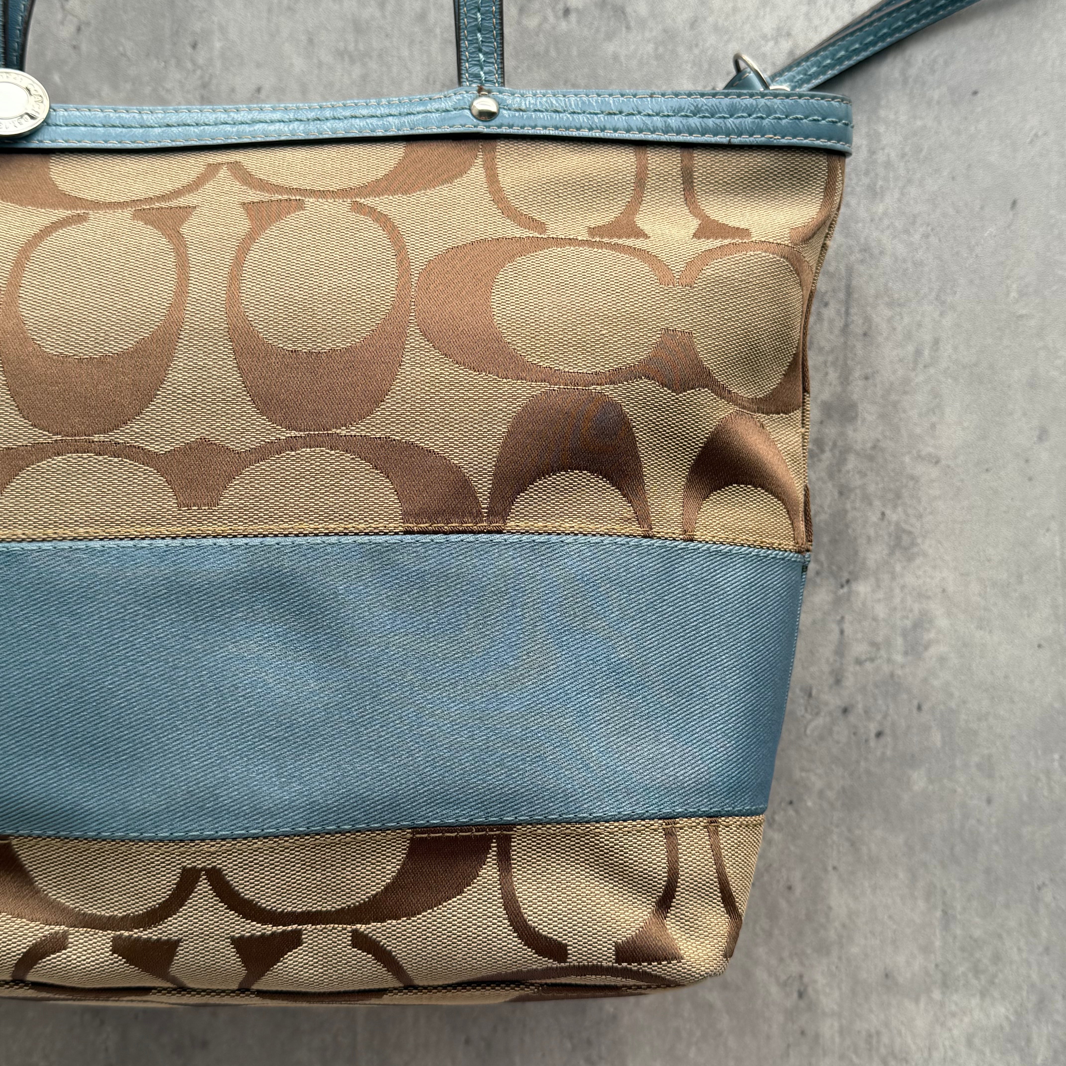 Coach Signature Stripe Tote Bag Light Blue/Beige