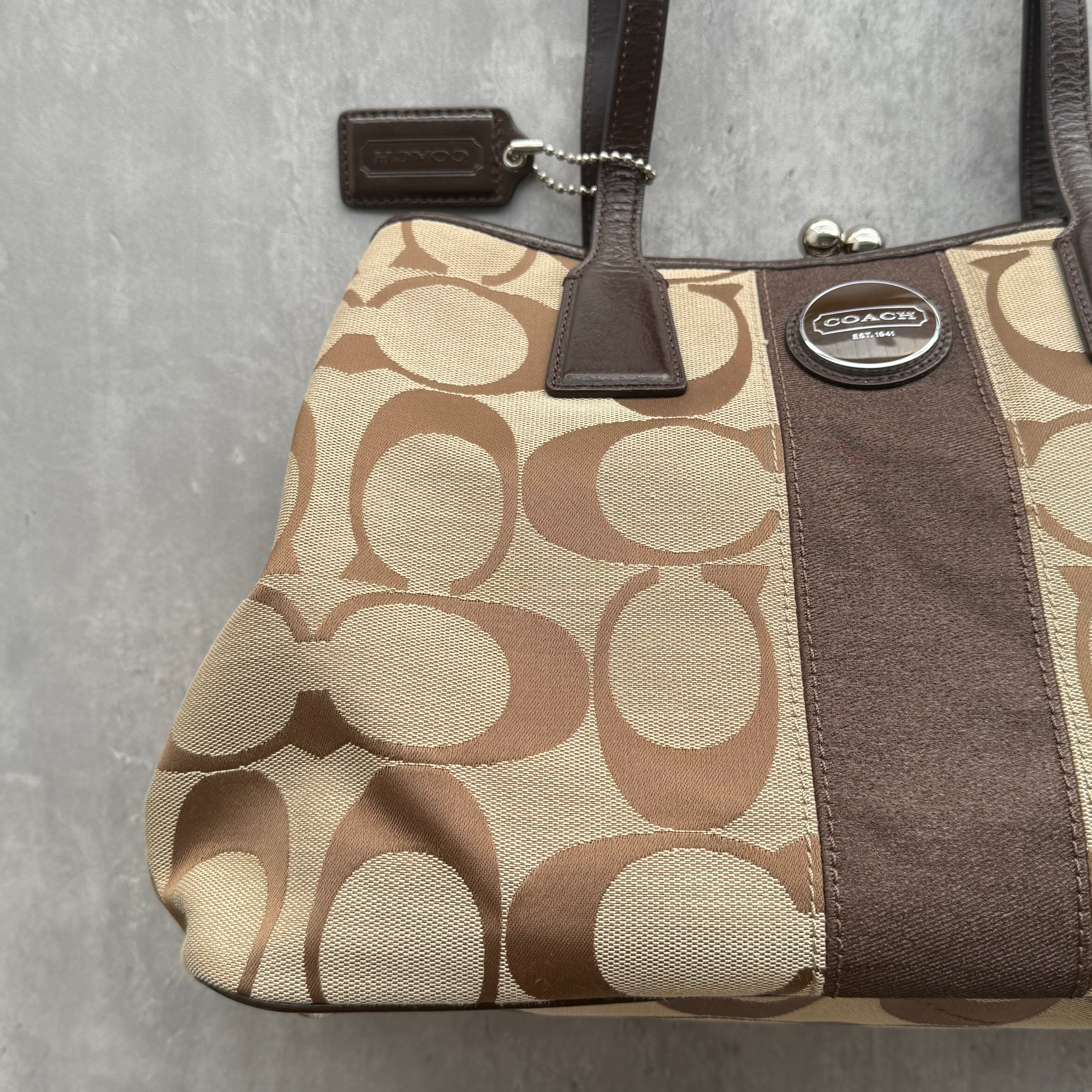 Coach Signature Stripe Kisslock Tote Bag Brown/Beige