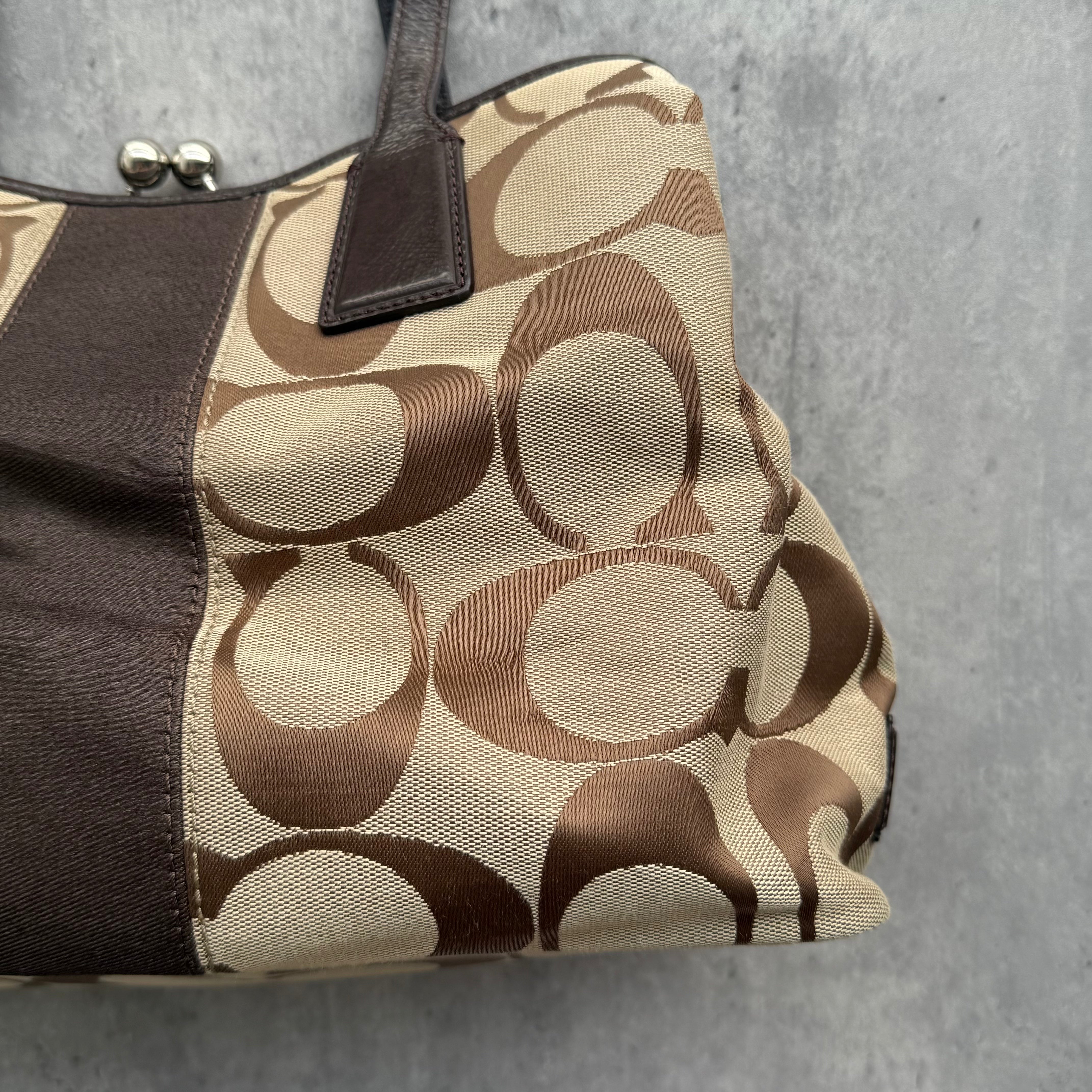 Coach Signature Stripe Kisslock Tote Bag Brown/Beige