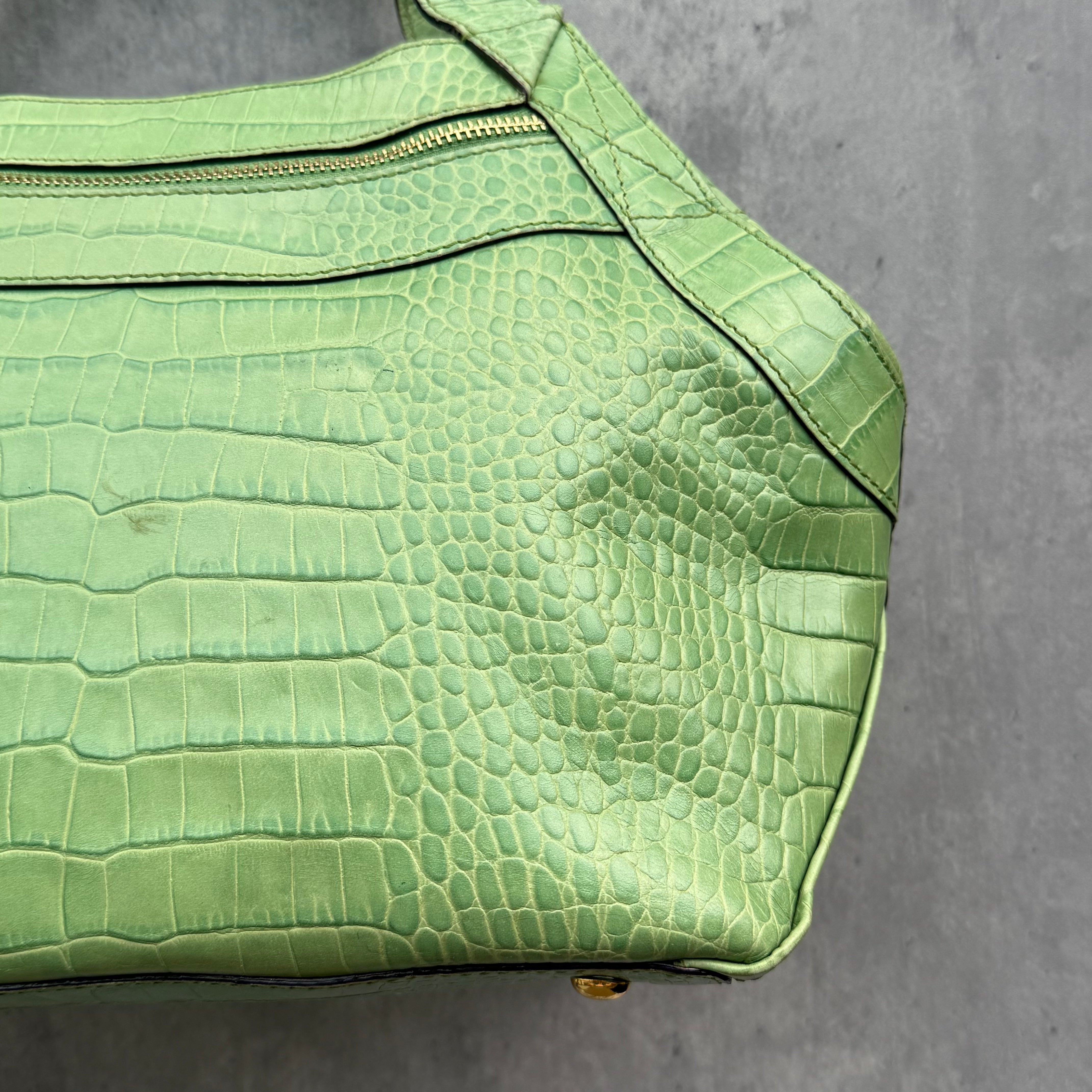 Kate Spade Croc Embossed Leather ShoulderBag Lime Green