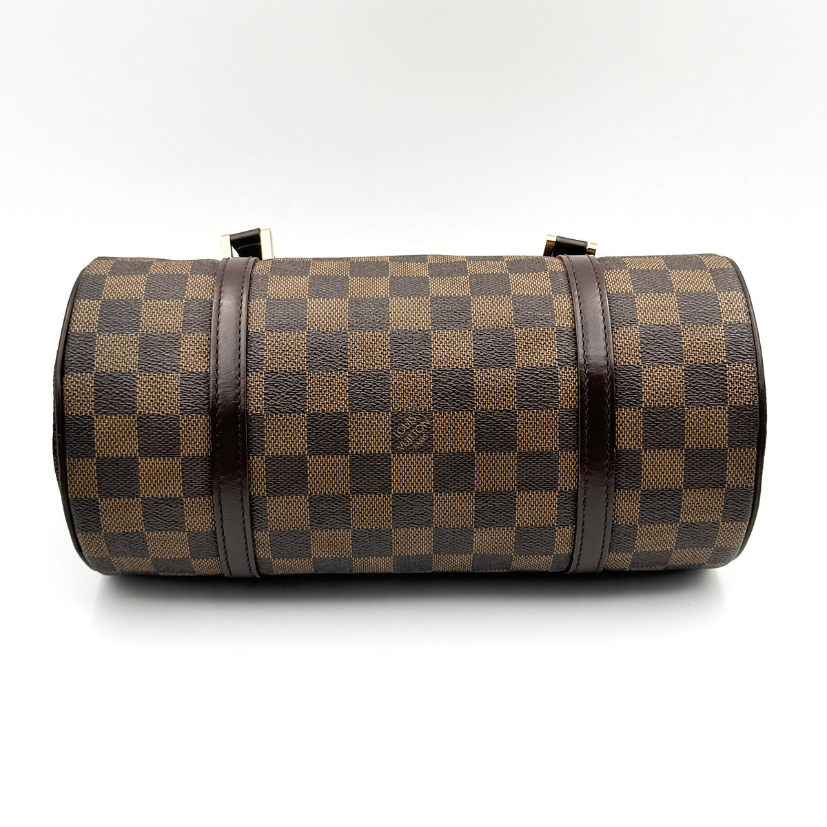 Louis Vuitton Damier Ebene Papillon 26 handbag in brown checked canvas with chocolate leather handles and gold hardware against a white background.