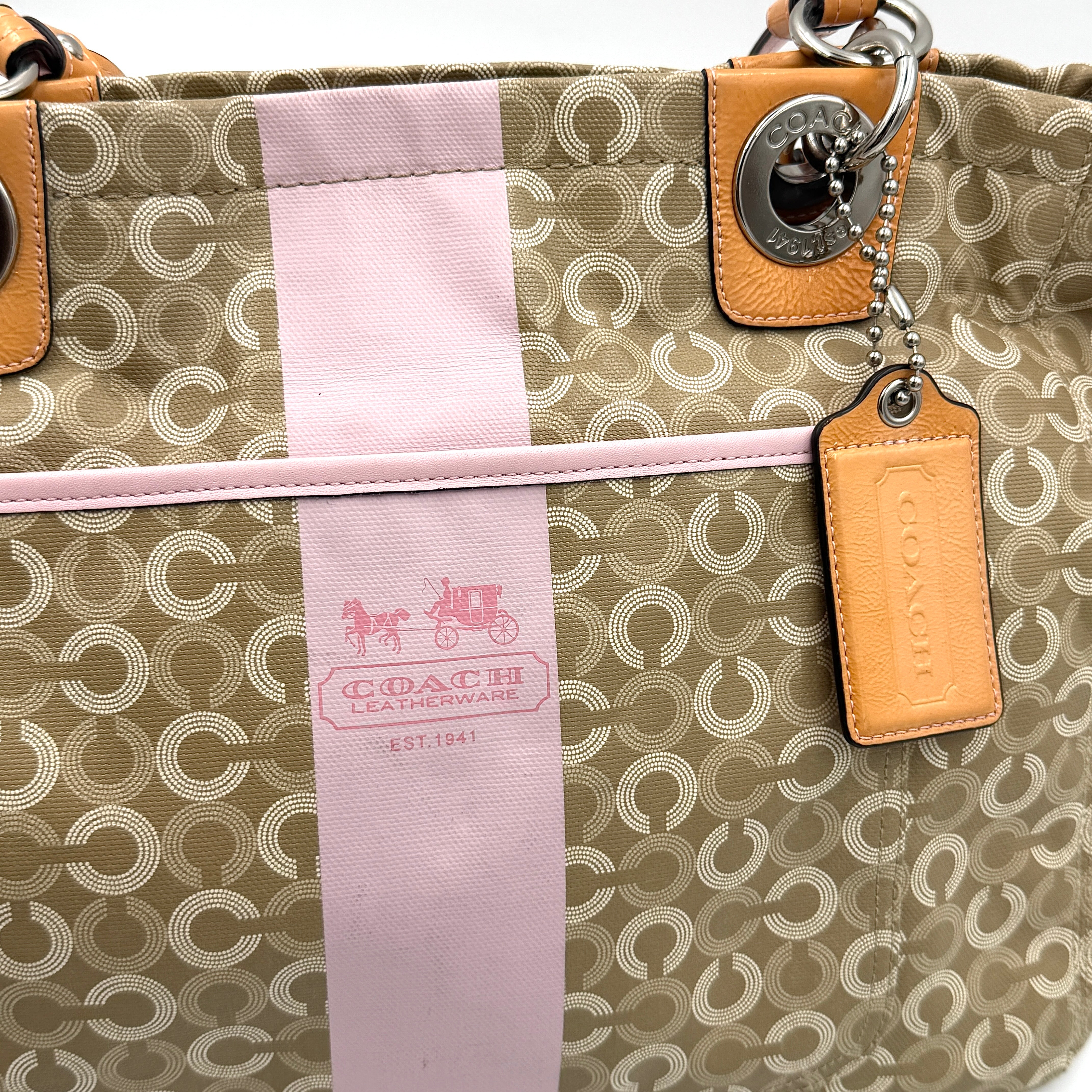Coach 2Way Signature Stripe Tote Bag Pink/Beige
