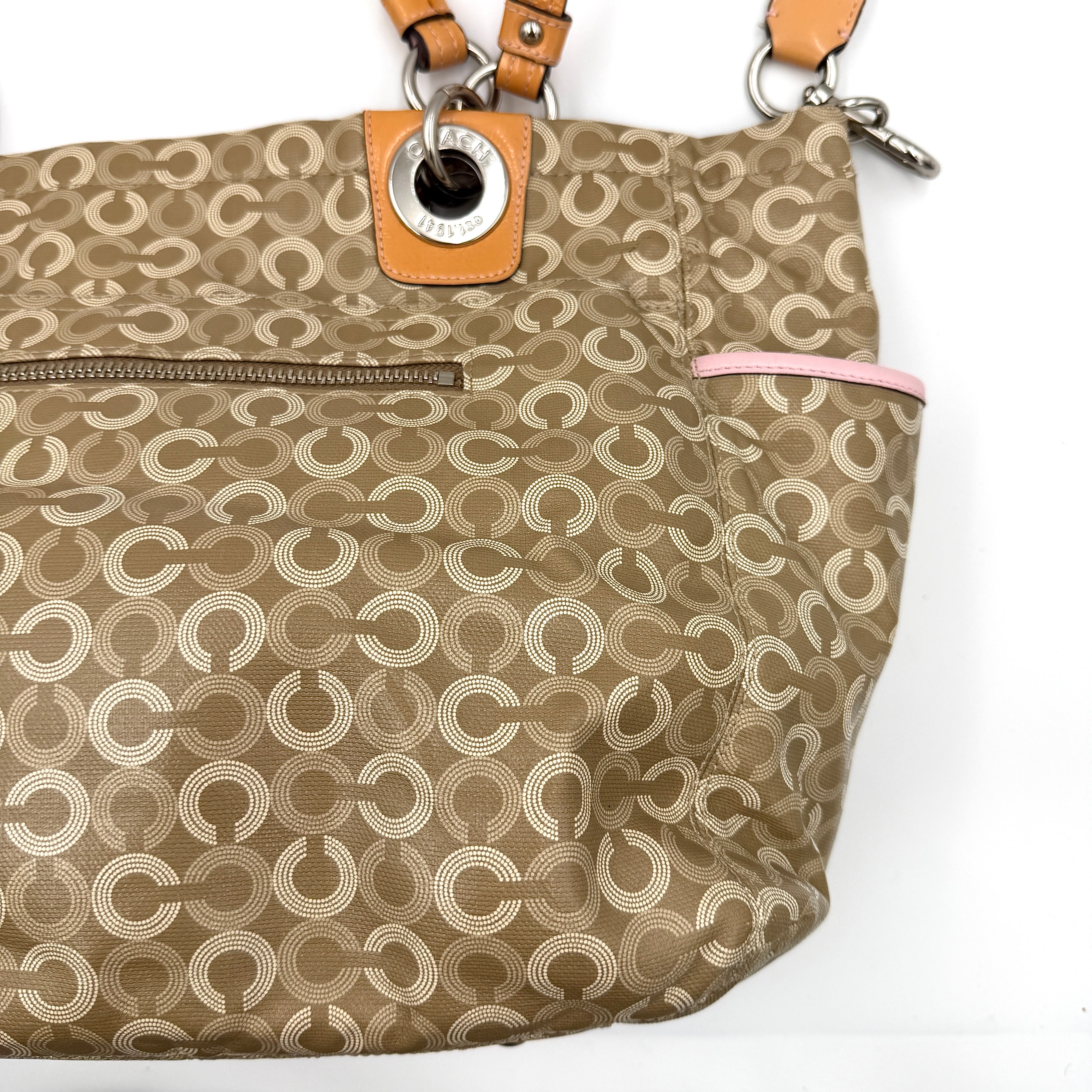 Coach 2Way Signature Stripe Tote Bag Pink/Beige