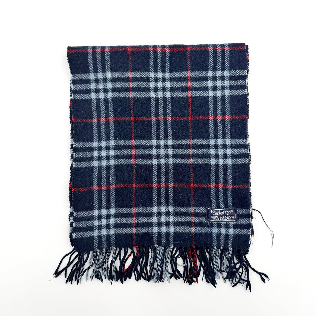 Burberrys navy Nova Check lambswool shawl scarf with tassel ends, shown folded against a white background.