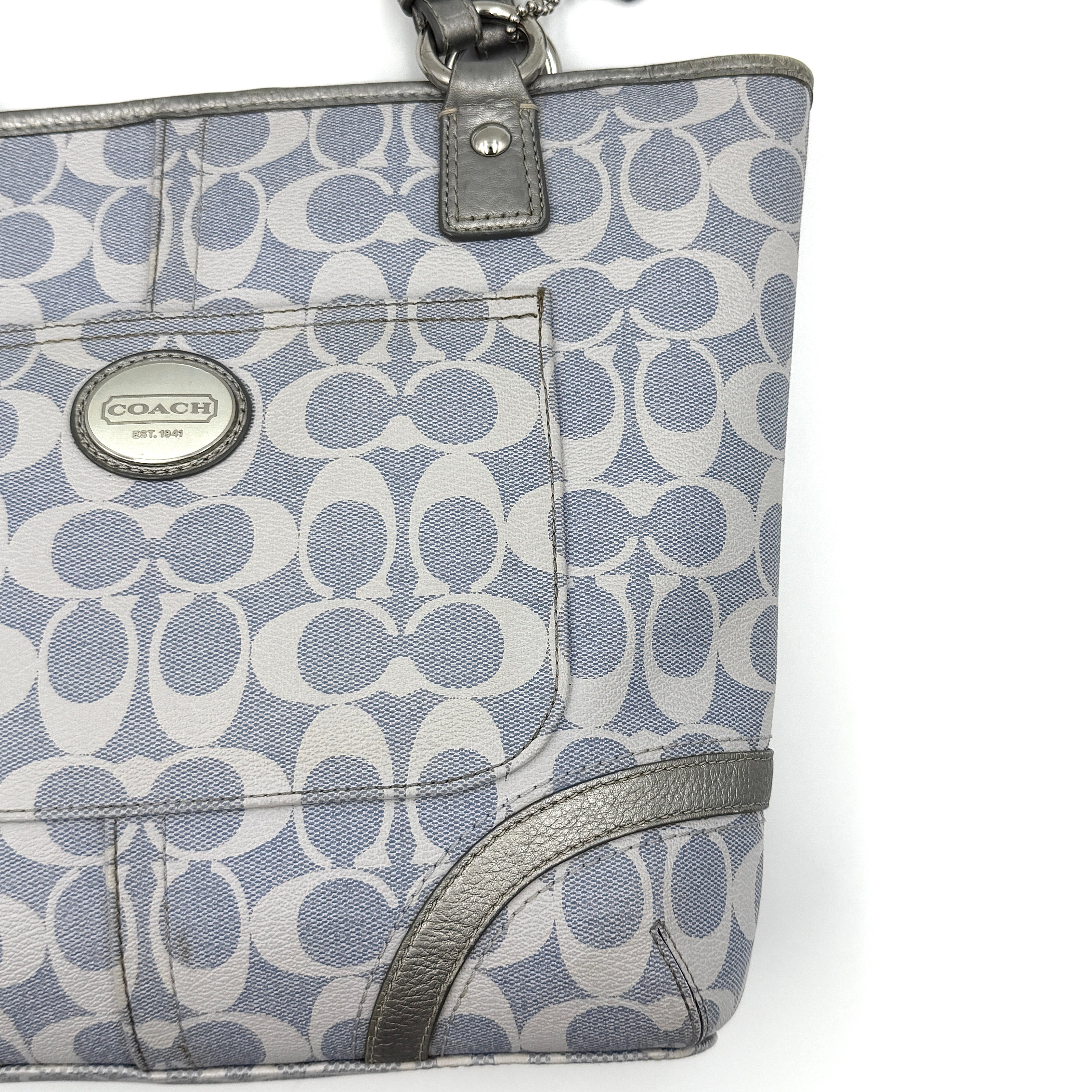 Coach Signature Peyton Heritage Tote Bag Light Blue/Silver
