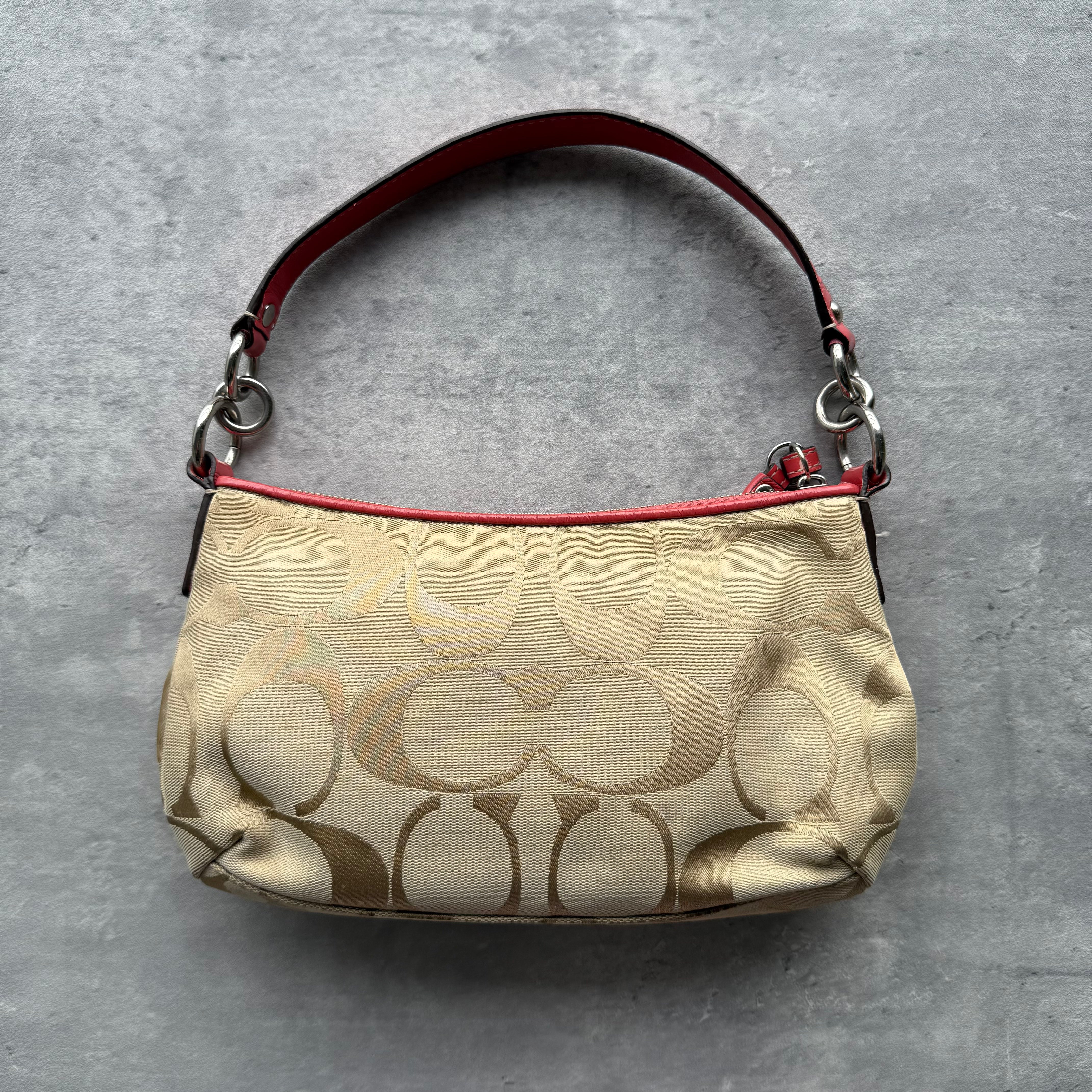 Coach 2Way Signature Stripe Shoulder Bag Beige/Red